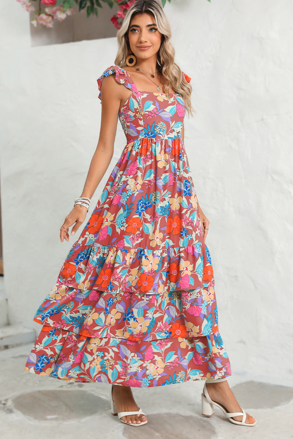 Boho Floral Print Ruffle Sleeveless Tiered Maxi Dress