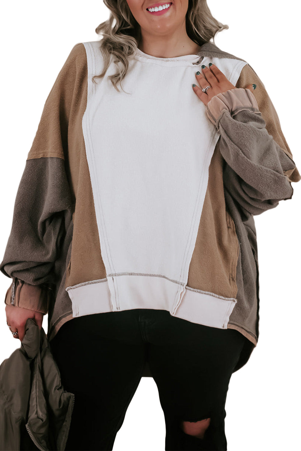 Brown Plus Size Exposed Seam Patchwork Sweatshirt