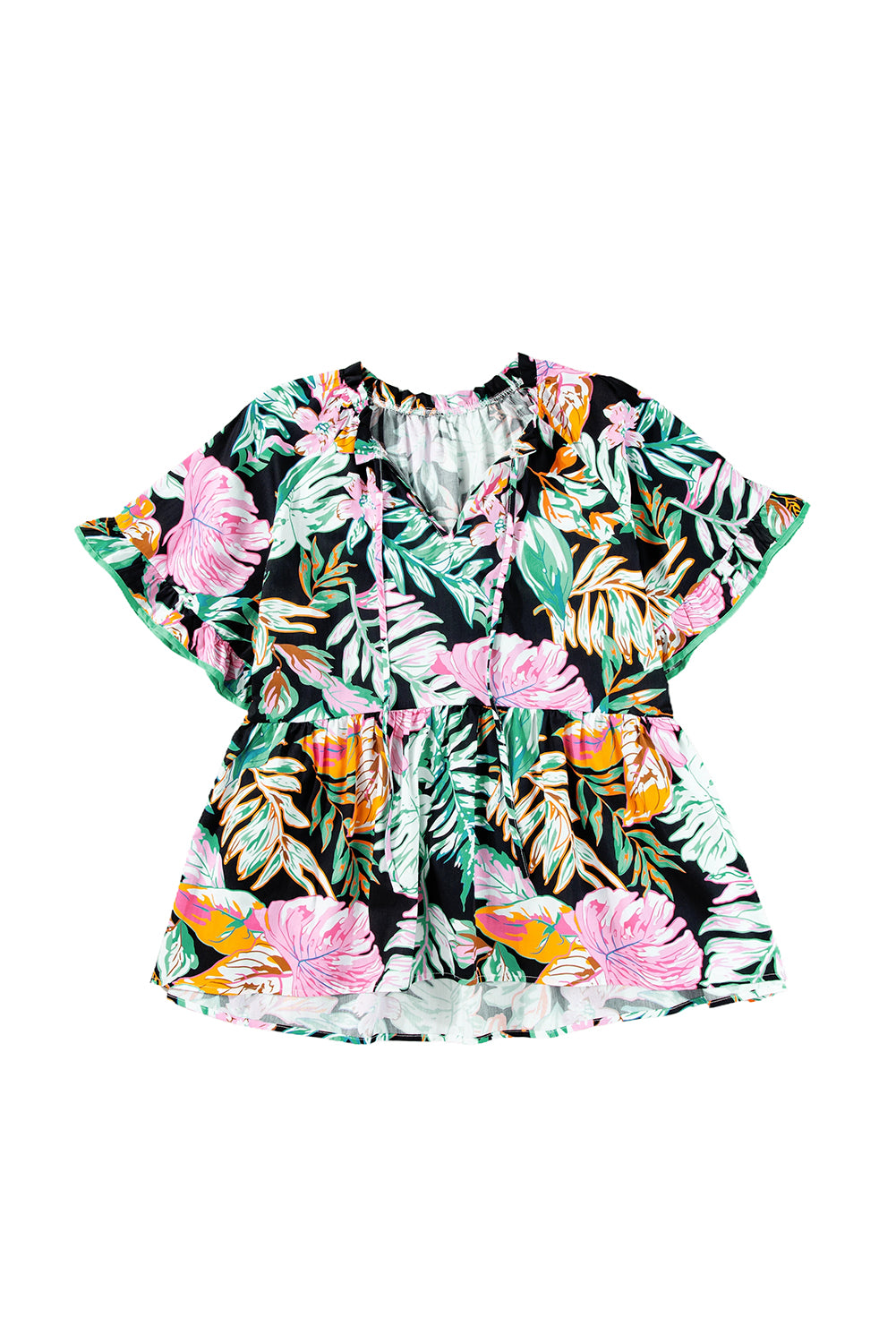 Black Plus Tropical Print Ruffled Sleeve Flowy Blouse