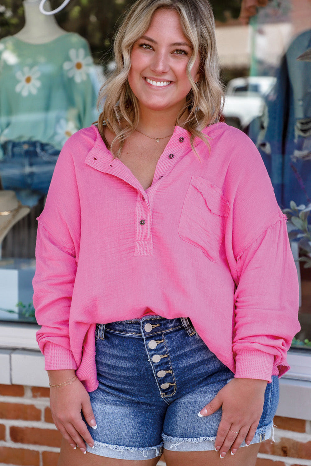 Bonbon Crinkle Drop Sleeve Henley Top