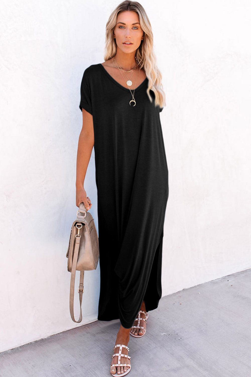 Solid Color Hidden Pocket V Neck Slit Maxi Dress