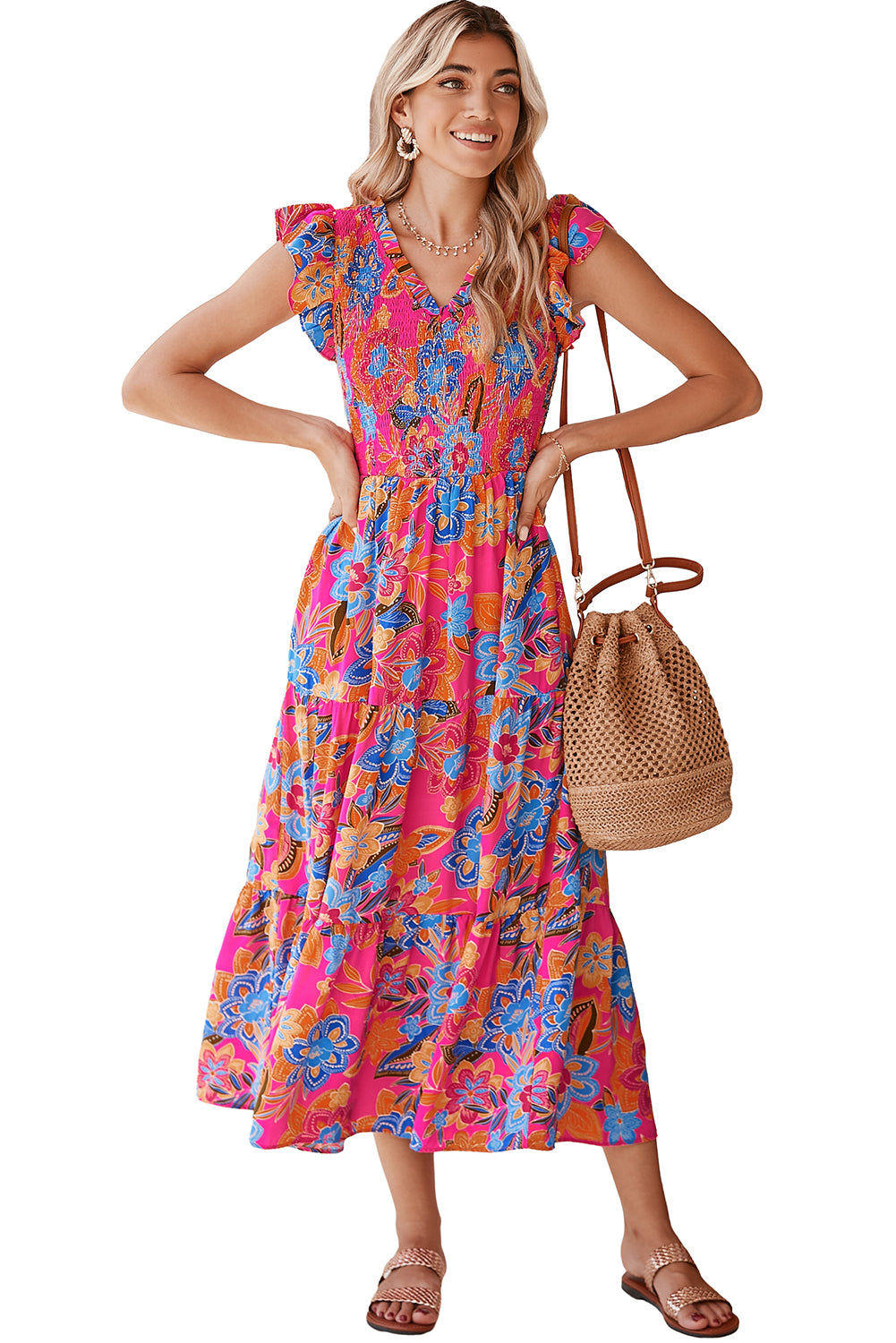 Boho Floral V Neck Ruffle Tiered Long Dress