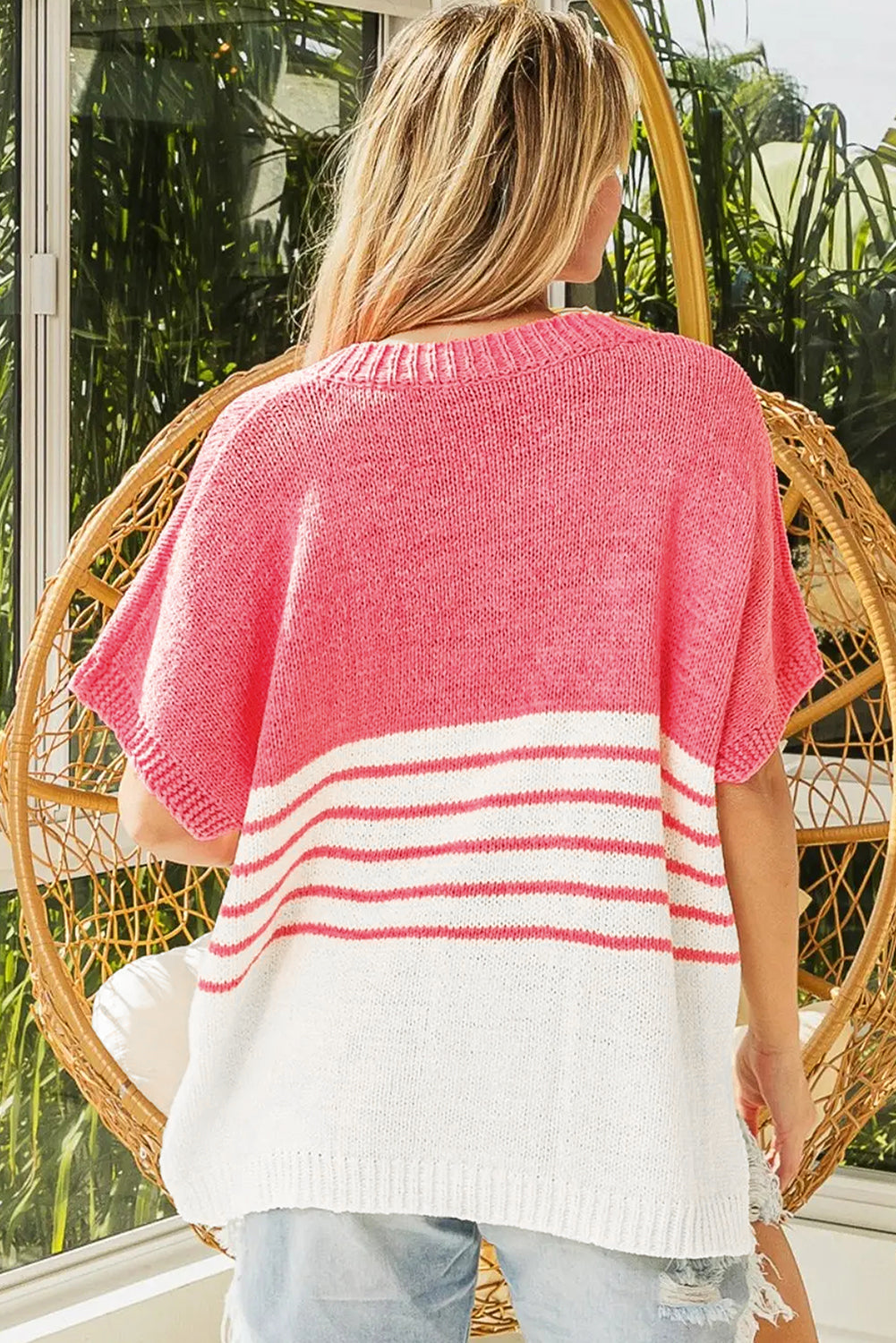 Strawberry Pink Striped Colorblock V Neck Knitted T Shirt