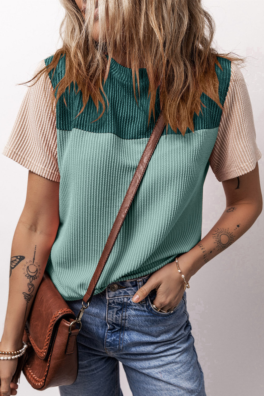 Ribbed Textured Colorblock T Shirt