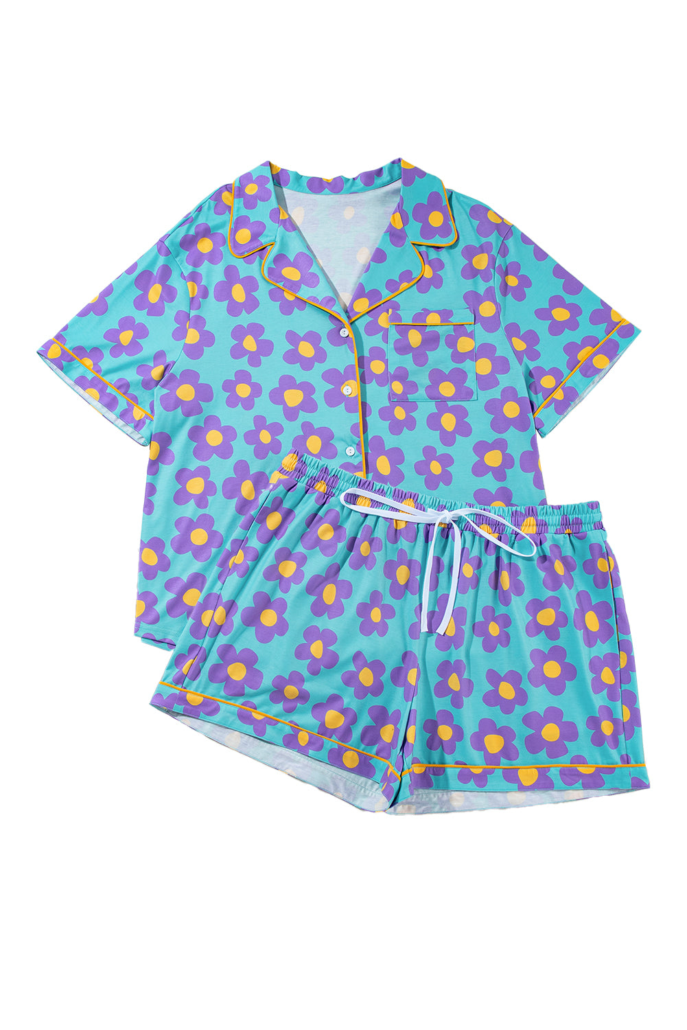 Curvy Sky Blue Cute Flower Print Contrast Trimmed Short PJ Set