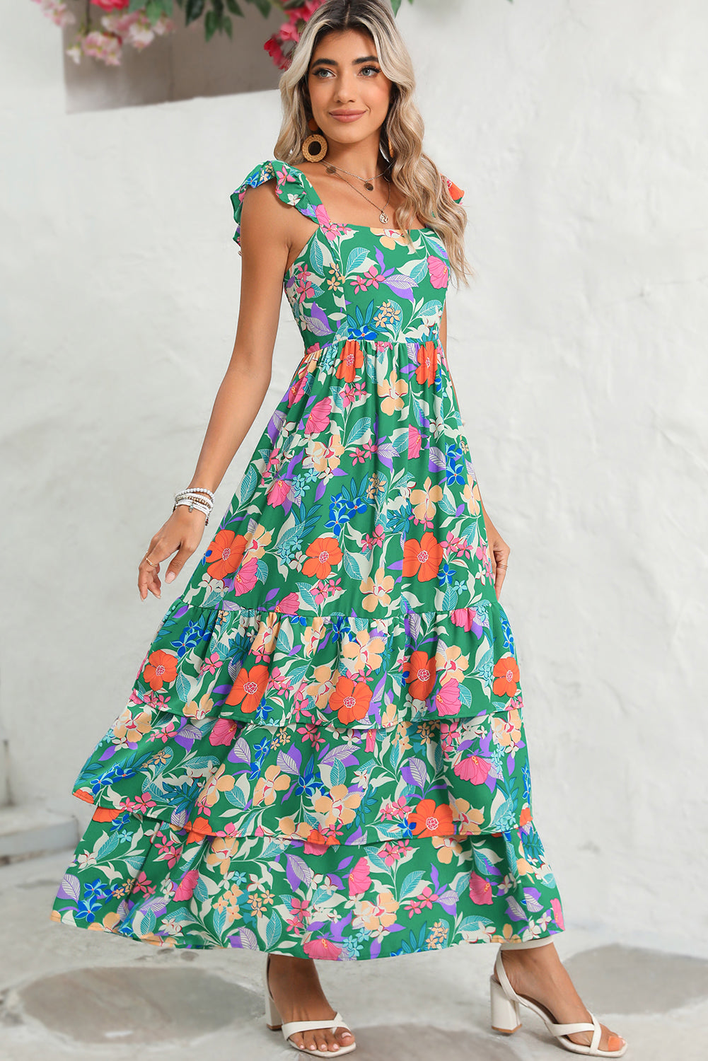 Boho Floral Print Ruffle Sleeveless Tiered Maxi Dress