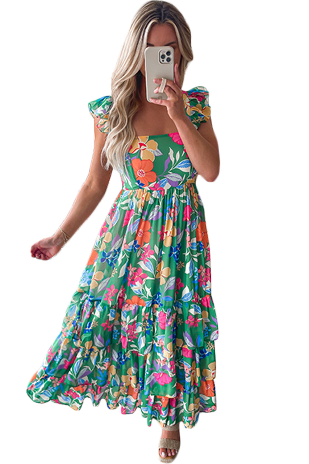 Boho Floral Print Ruffle Sleeveless Tiered Maxi Dress