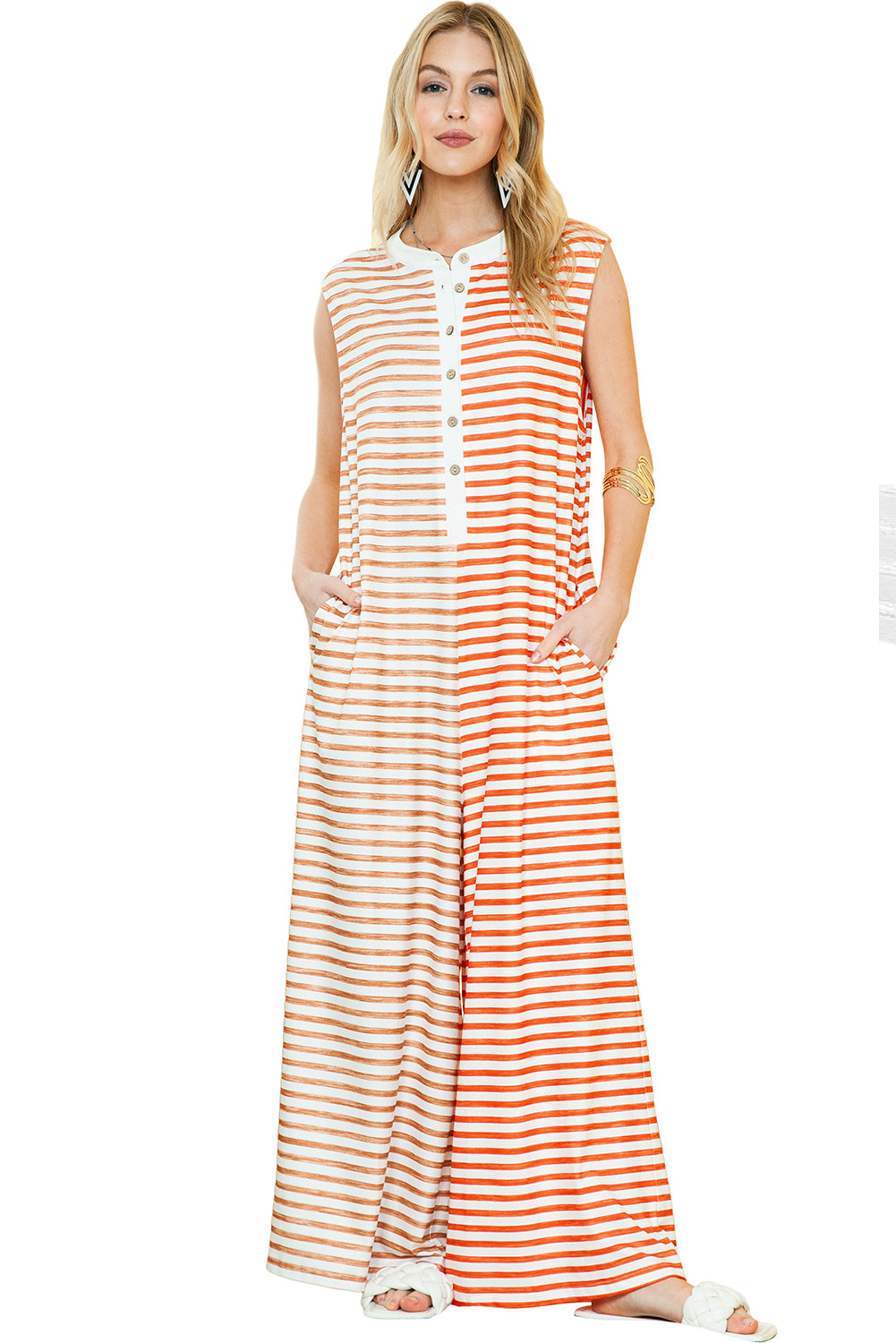 Orange Striped Pocketed Baggy Wide Leg Jumpsuit