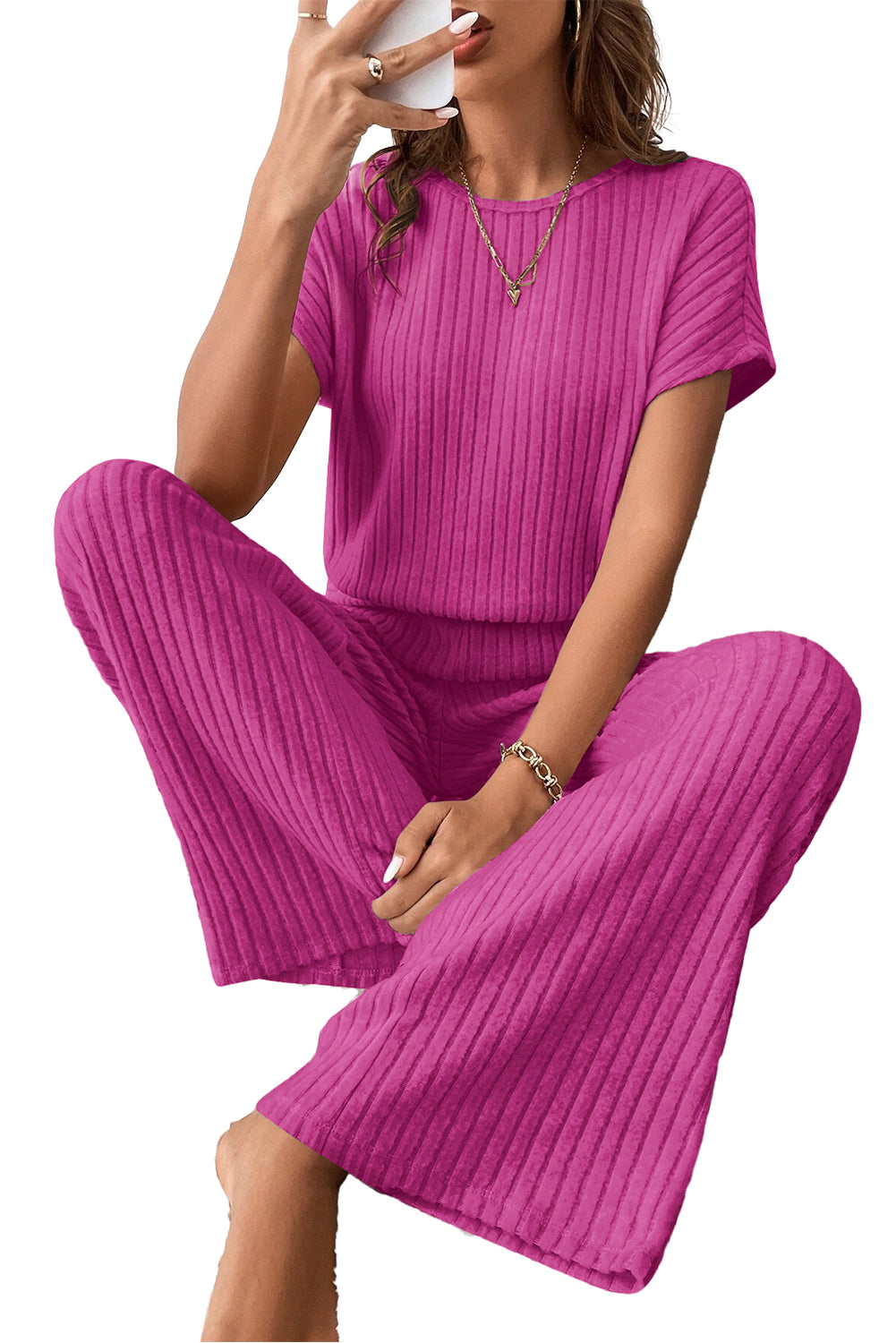 Solid Color Ribbed Short Sleeve Wide Leg Jumpsuit