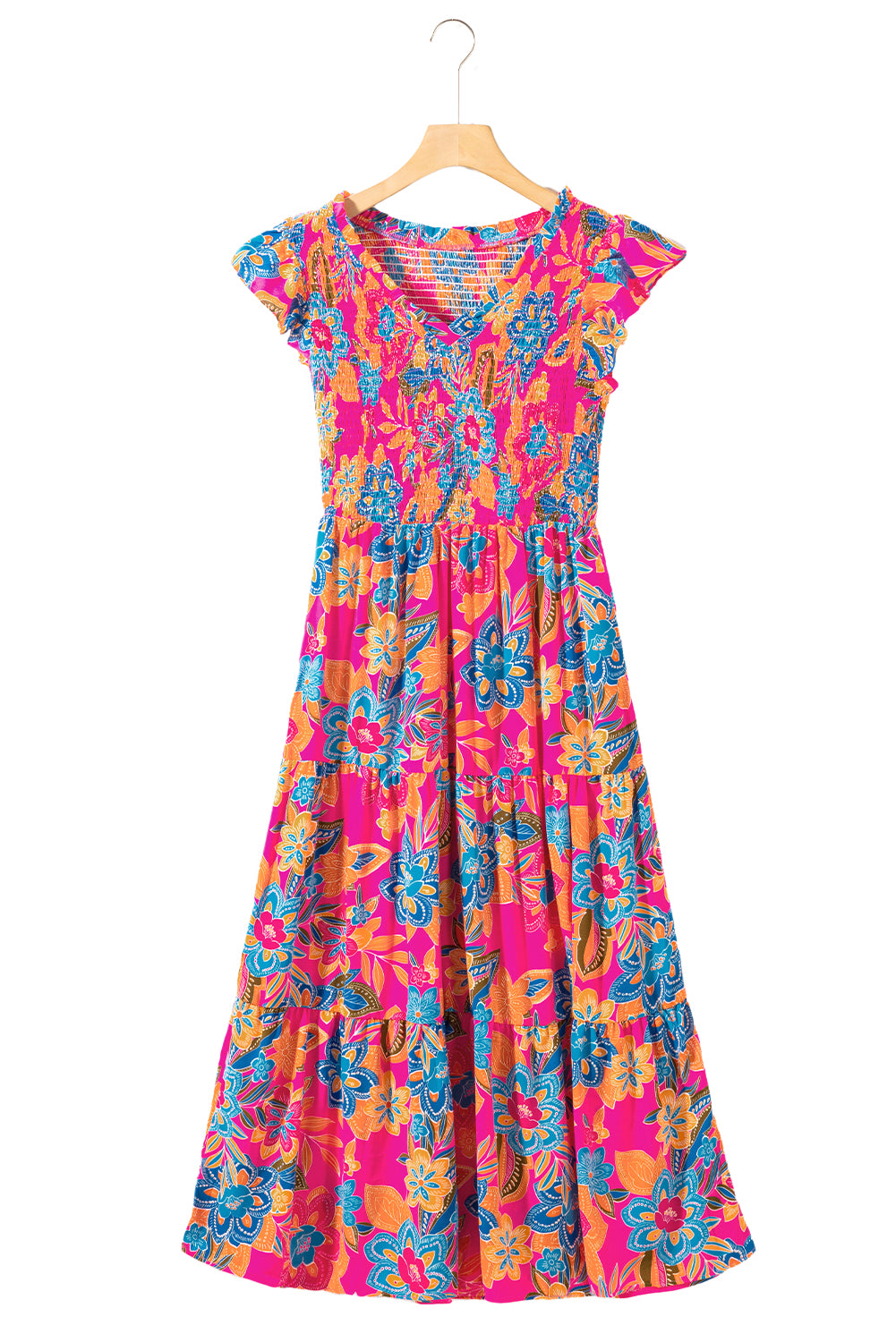 Boho Floral V Neck Ruffle Tiered Long Dress