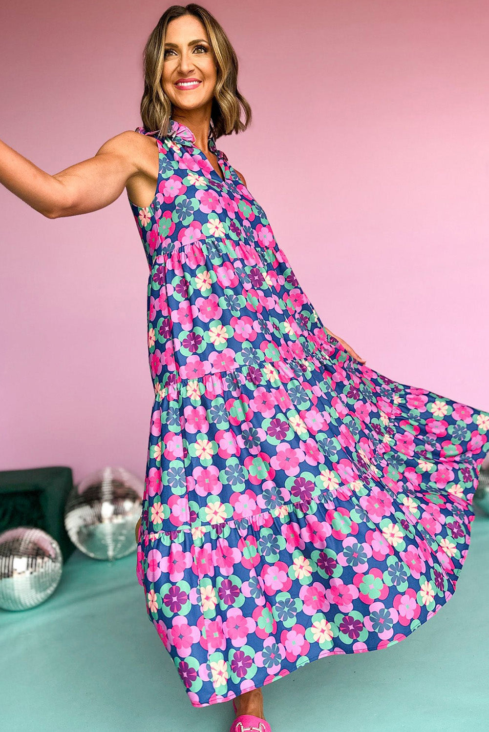 Abstract Print Frill Split Neck Tiered Maxi Dress