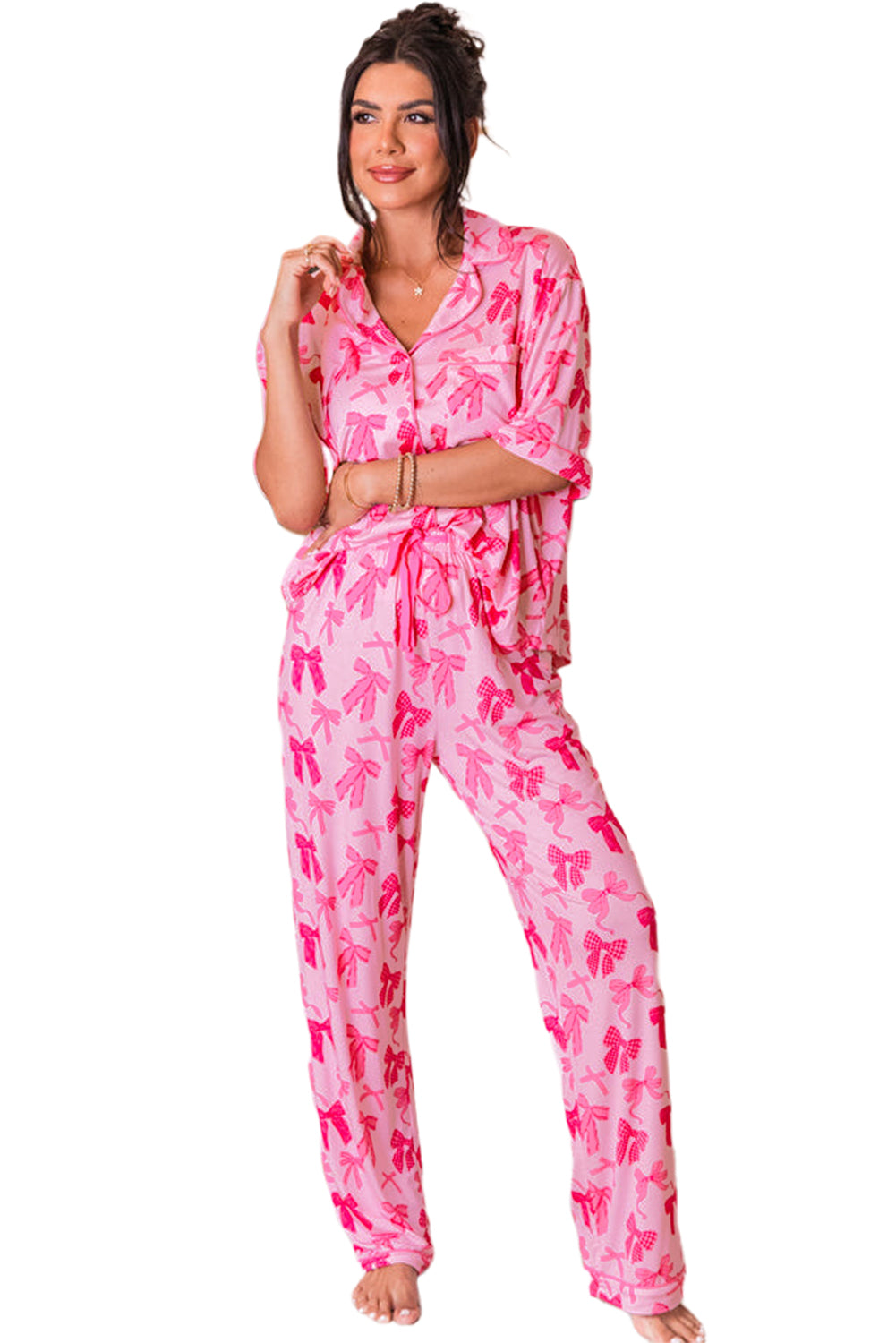 Pink Bow Knot Print Lapel Collar Short Sleeve and Pants Pajamas Set