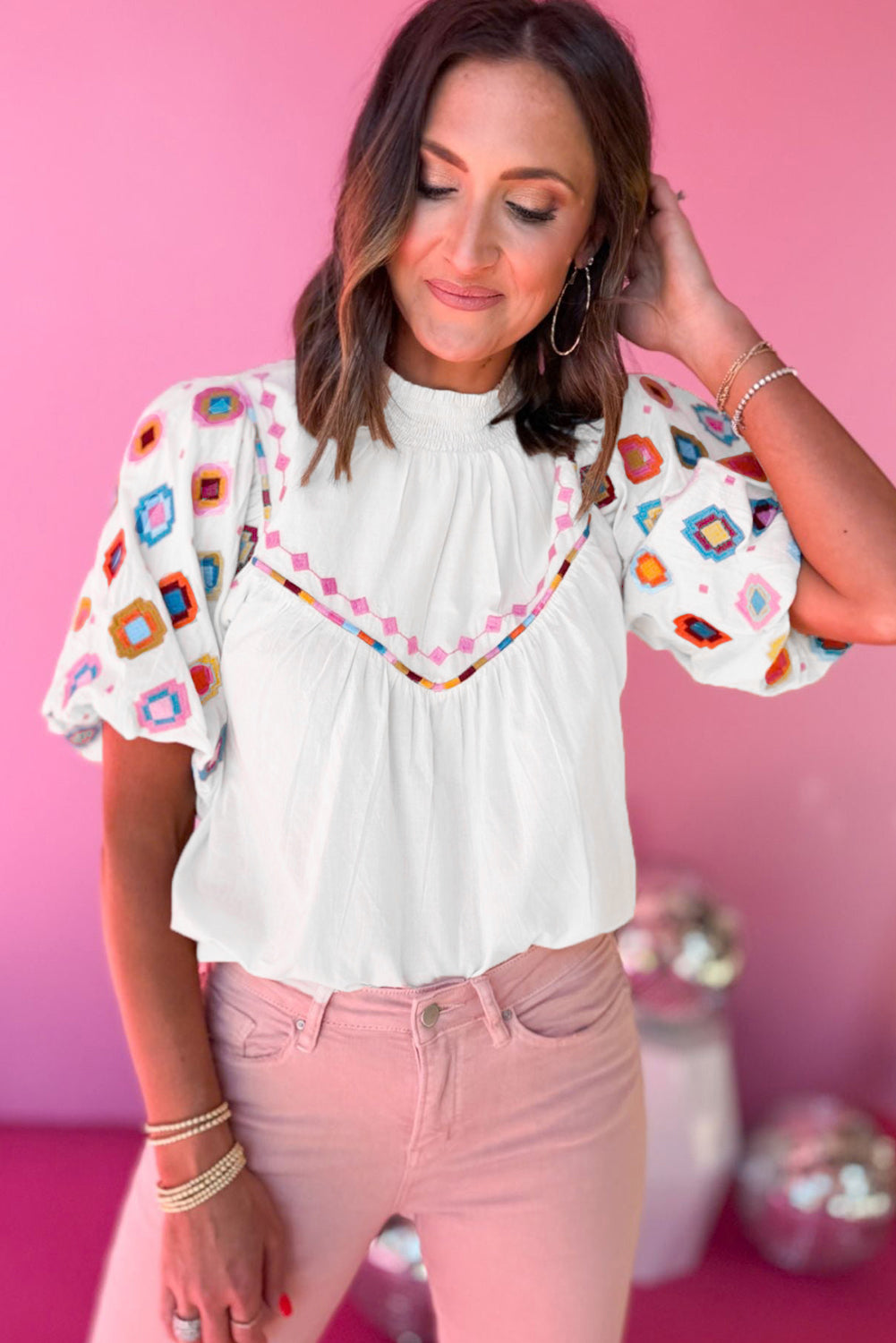 Black Geometric Embroidered Smocked Neck Puff Sleeve Top