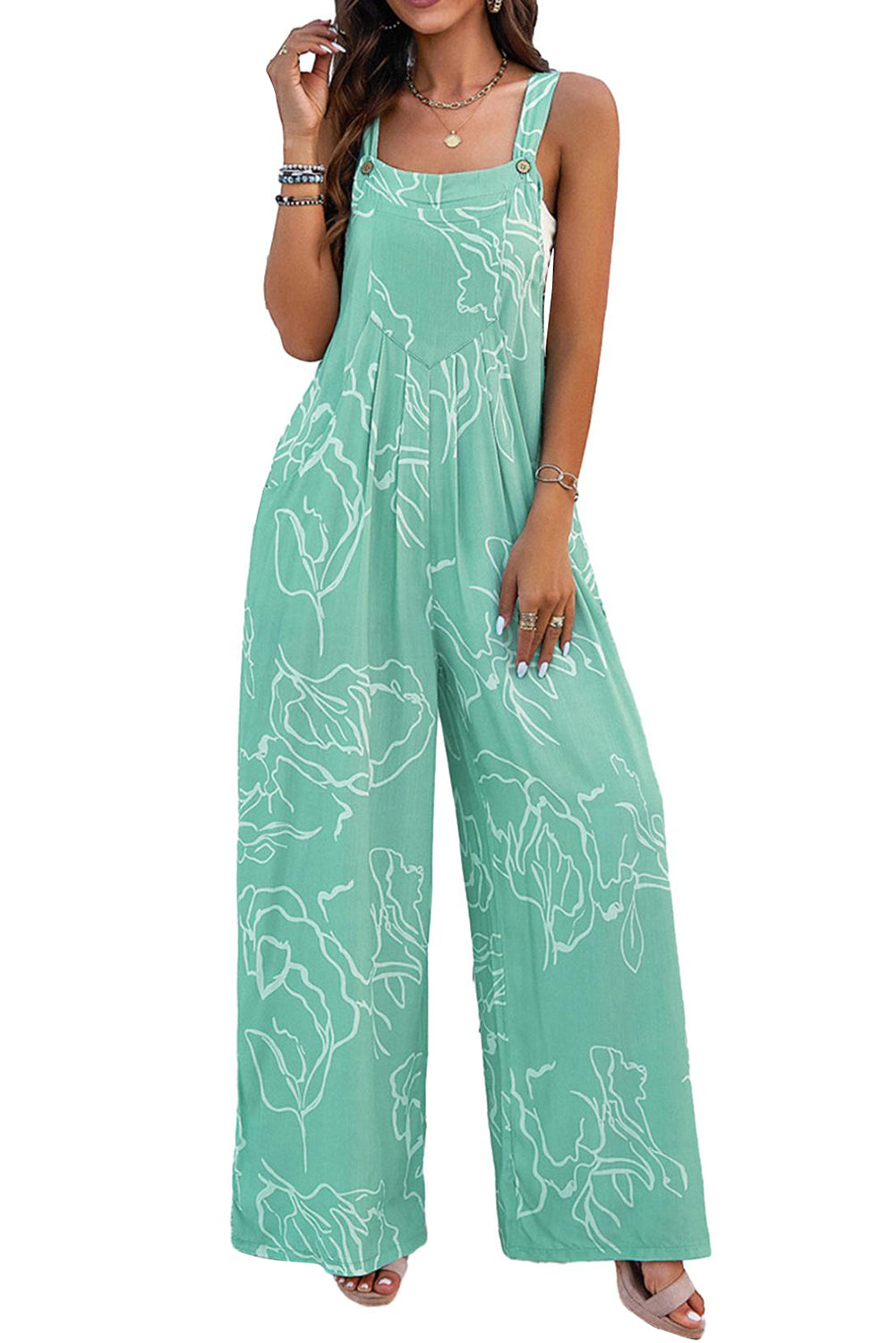 Moonlight Jade Abstract Print Wide Leg Overall