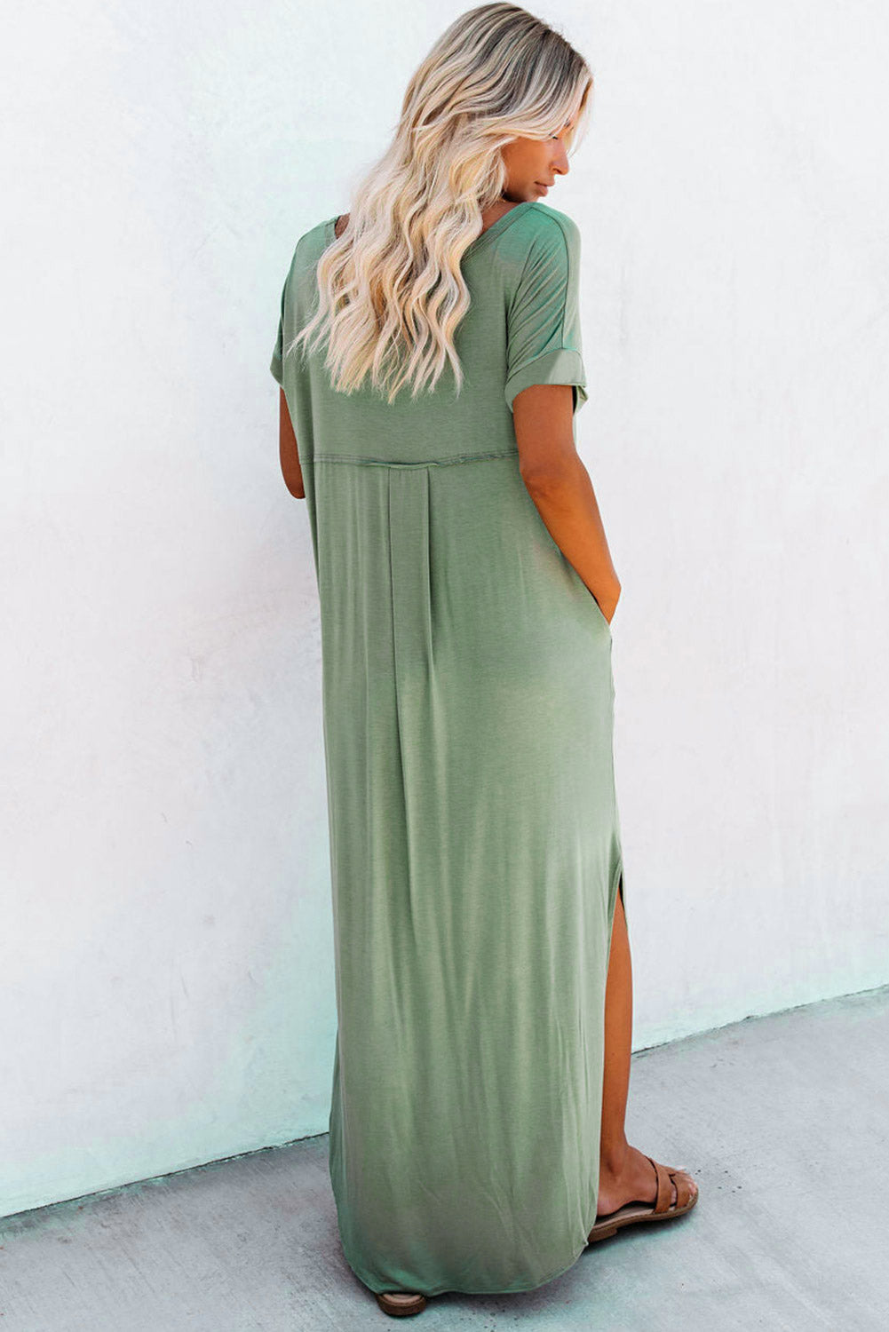 Solid Color Hidden Pocket V Neck Slit Maxi Dress