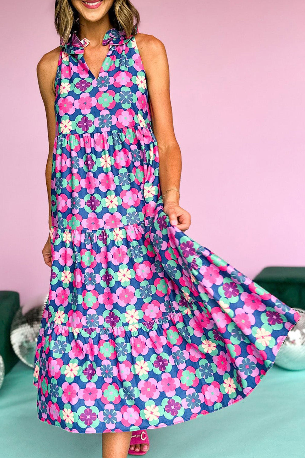 Abstract Print Frill Split Neck Tiered Maxi Dress