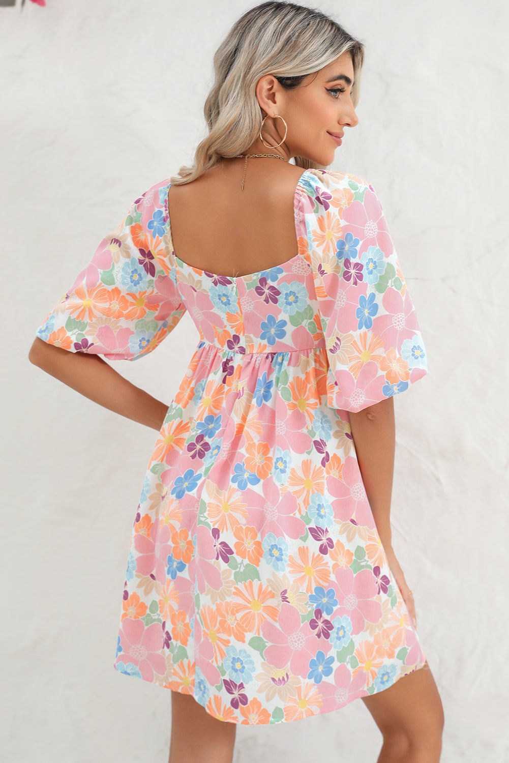 Rose Summer Floral Square Neck Puff Sleeve Babydoll Dress