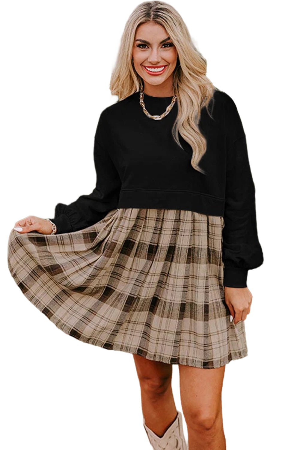 Beige Plaid Patchwork High Waist Sweatshirt Mini Dress