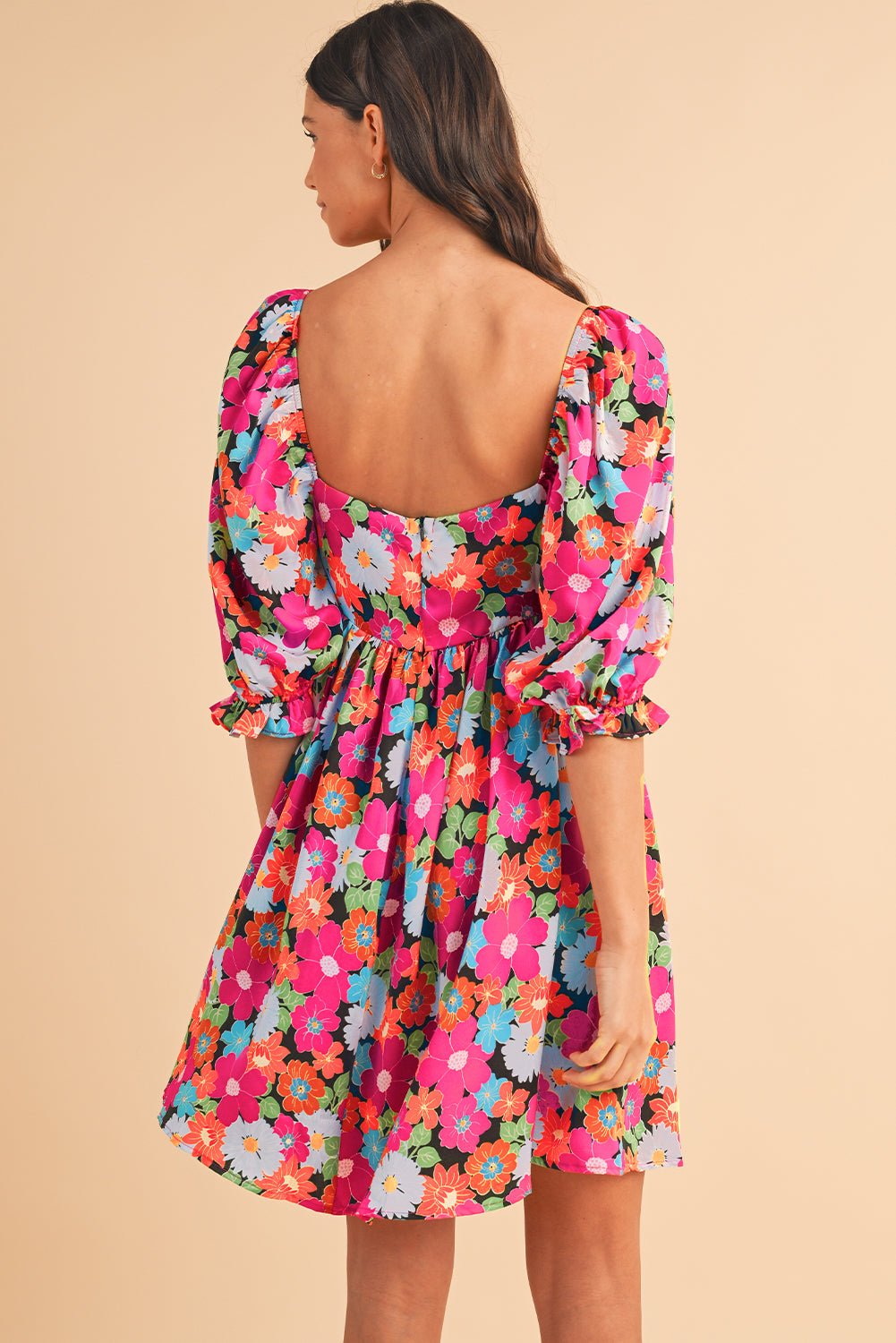 Rose Floral Print Square Neck Short Puff Sleeve Dress