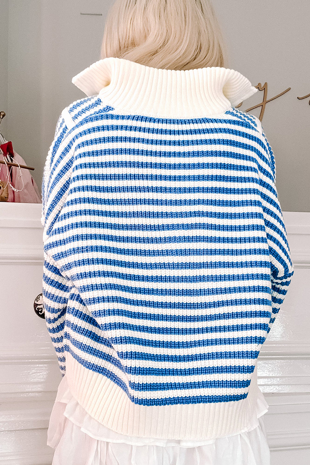 Sky Blue Stripe Zip up Collar Drop Sleeve Sweater