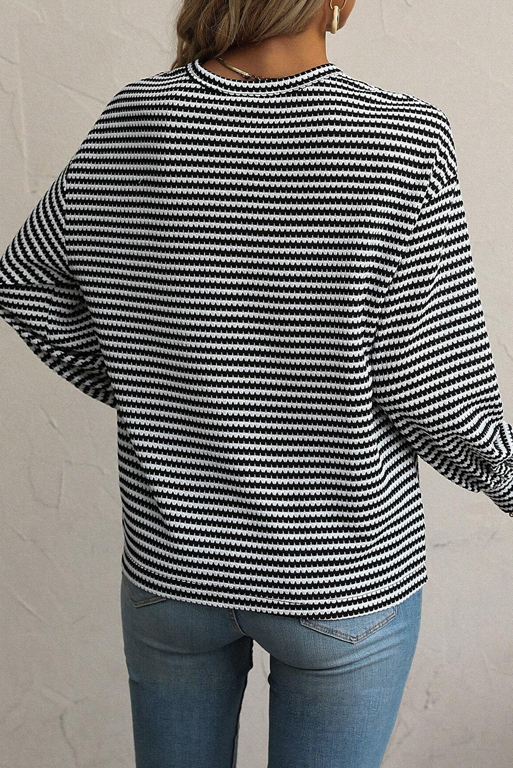 Khaki Stripe Round Neck Drop Shoulder Long Sleeve Top