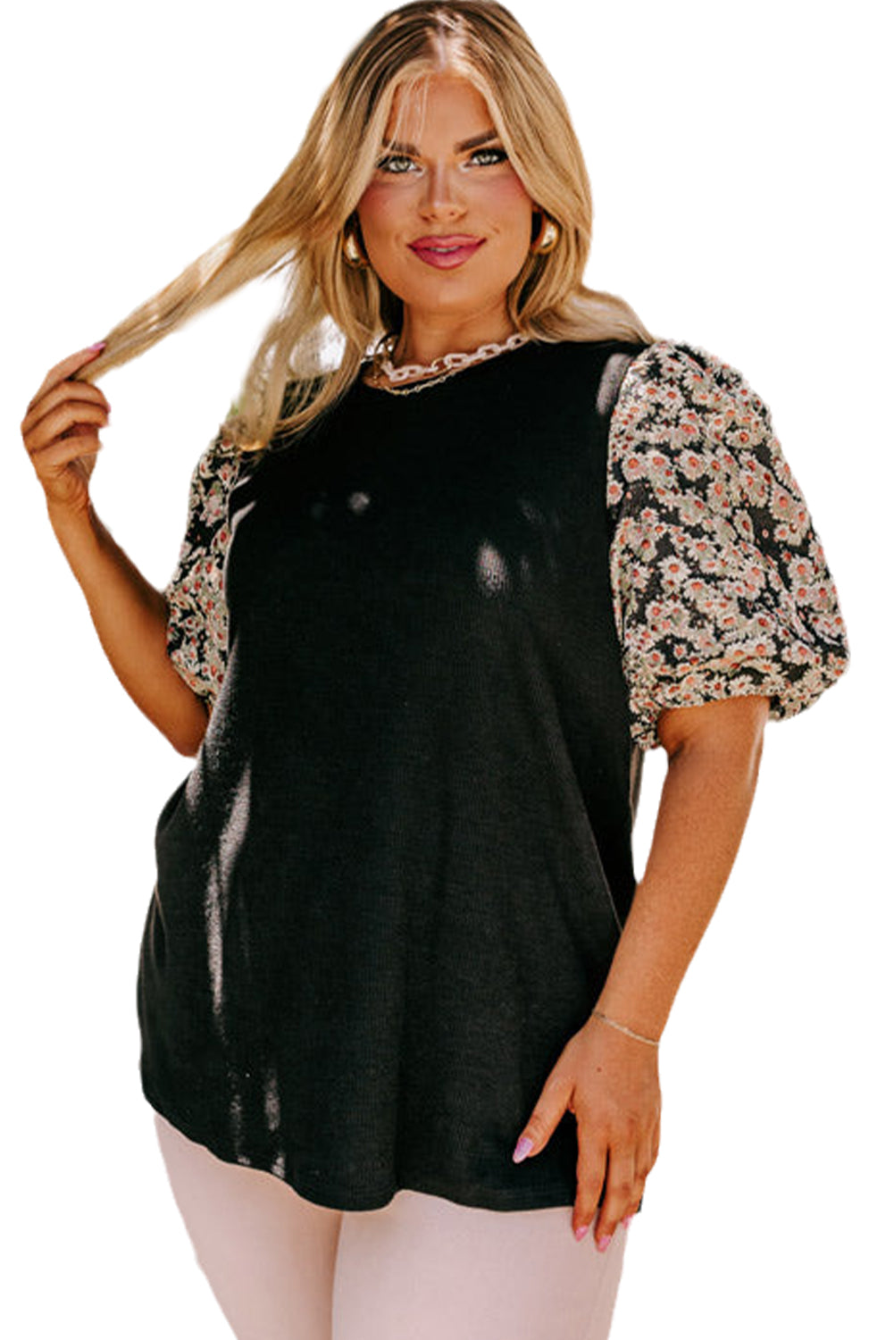 Black Daisy Printed Short Bubble Sleeve Tunic Top