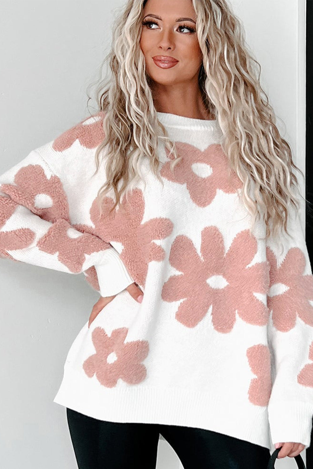 Vintage Flower Drop Shoulder Loose Sweater