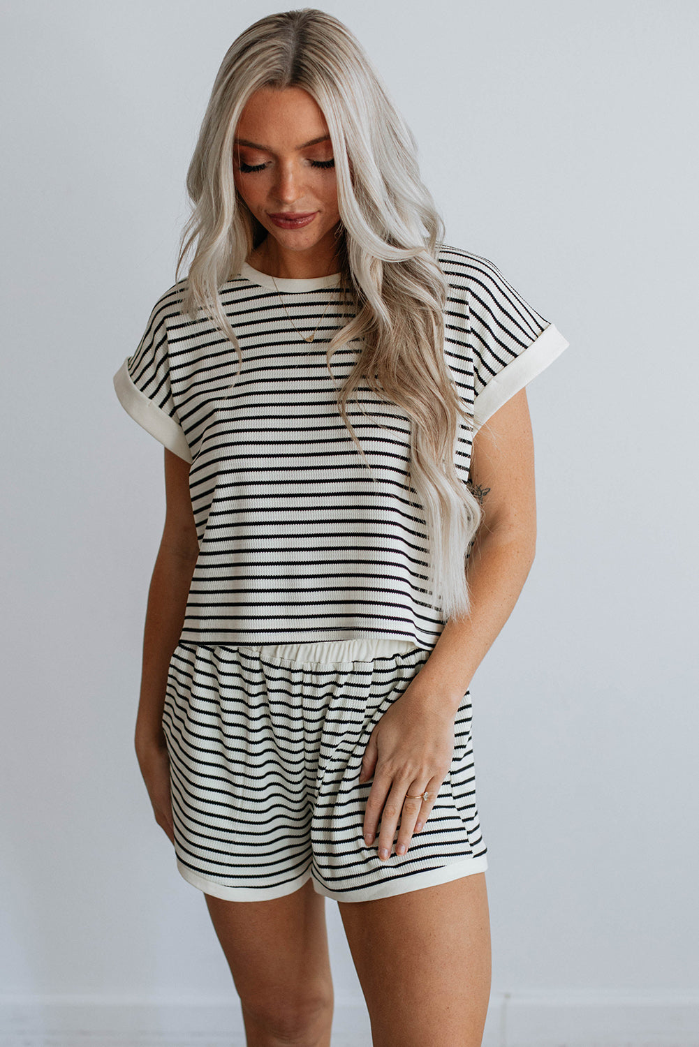 White Stripe Contrast Trim Rib Tee and Pocketed Shorts Set