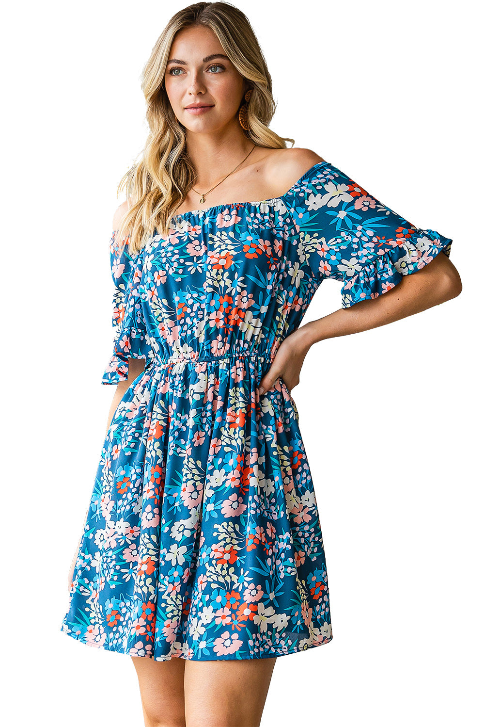 Bohemian Floral Print Off Shoulder Short Dress