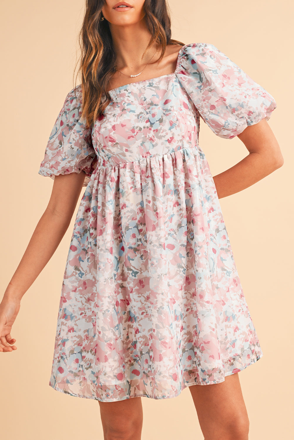 Floral Lantern Sleeve Square Neck Ruffled Mini Dress