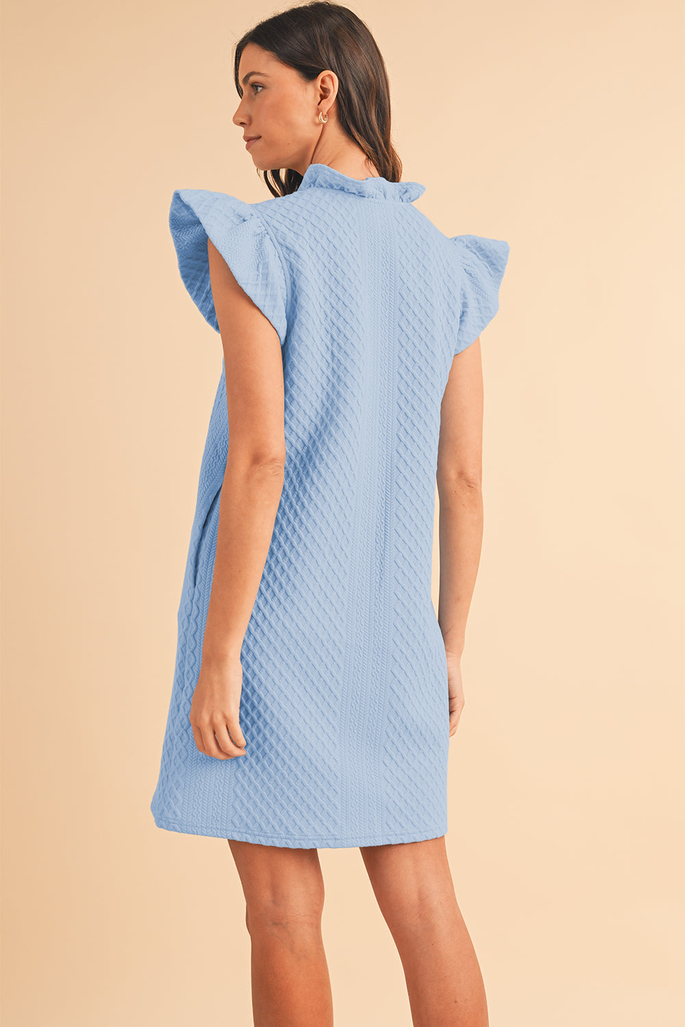 Light Blue Textured Puff Sleeve Ruffled V Neck Mini Dress