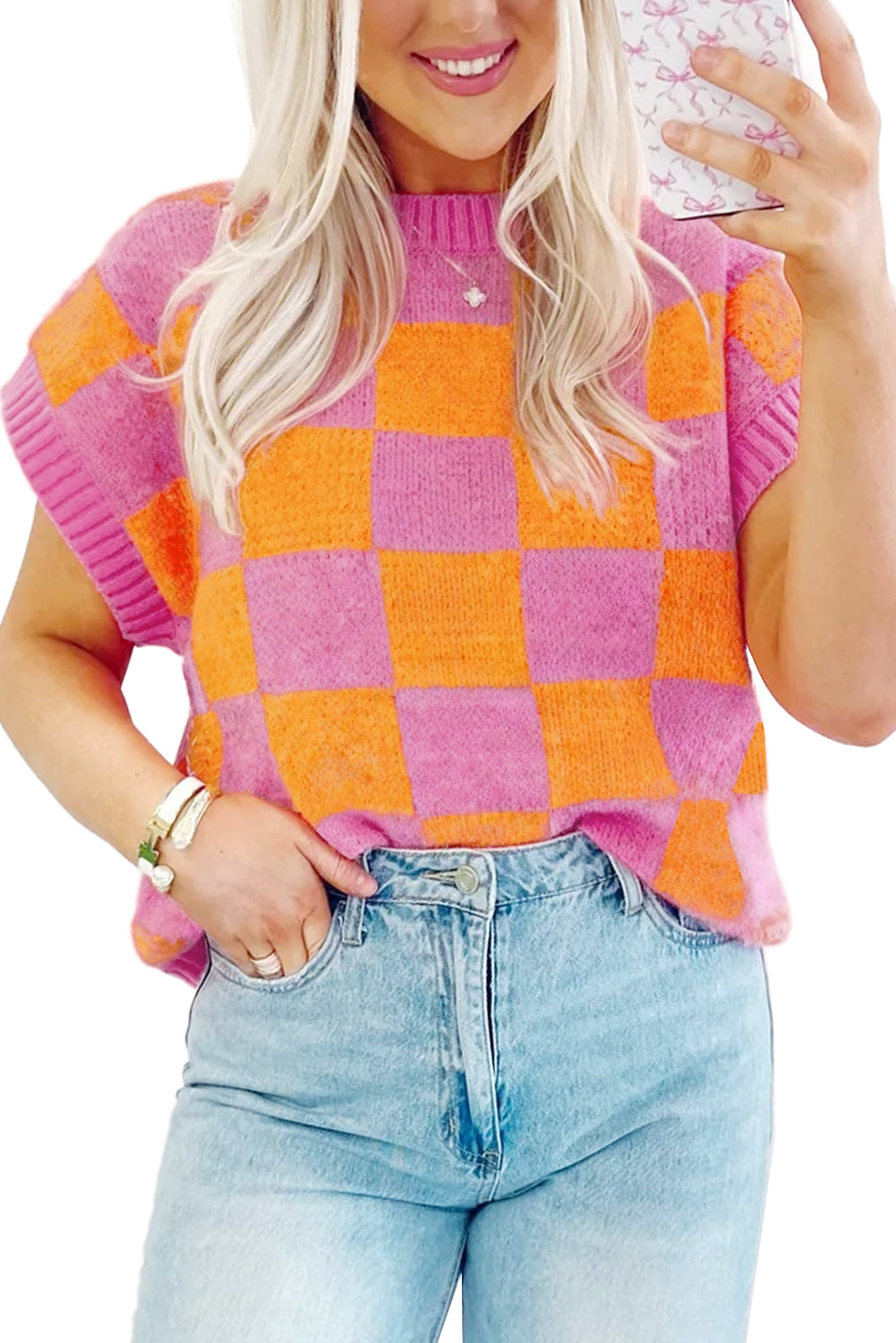 Wholesale Strawberry Pink Colorblock Plaid Knit Dolman Tee