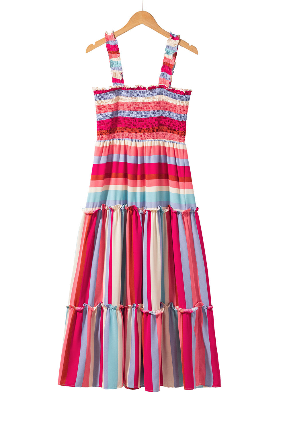 Red Stripe Ruffled Straps Smocked Tiered Midi Dress