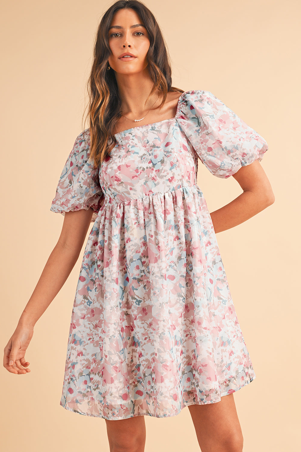 Floral Lantern Sleeve Square Neck Ruffled Mini Dress