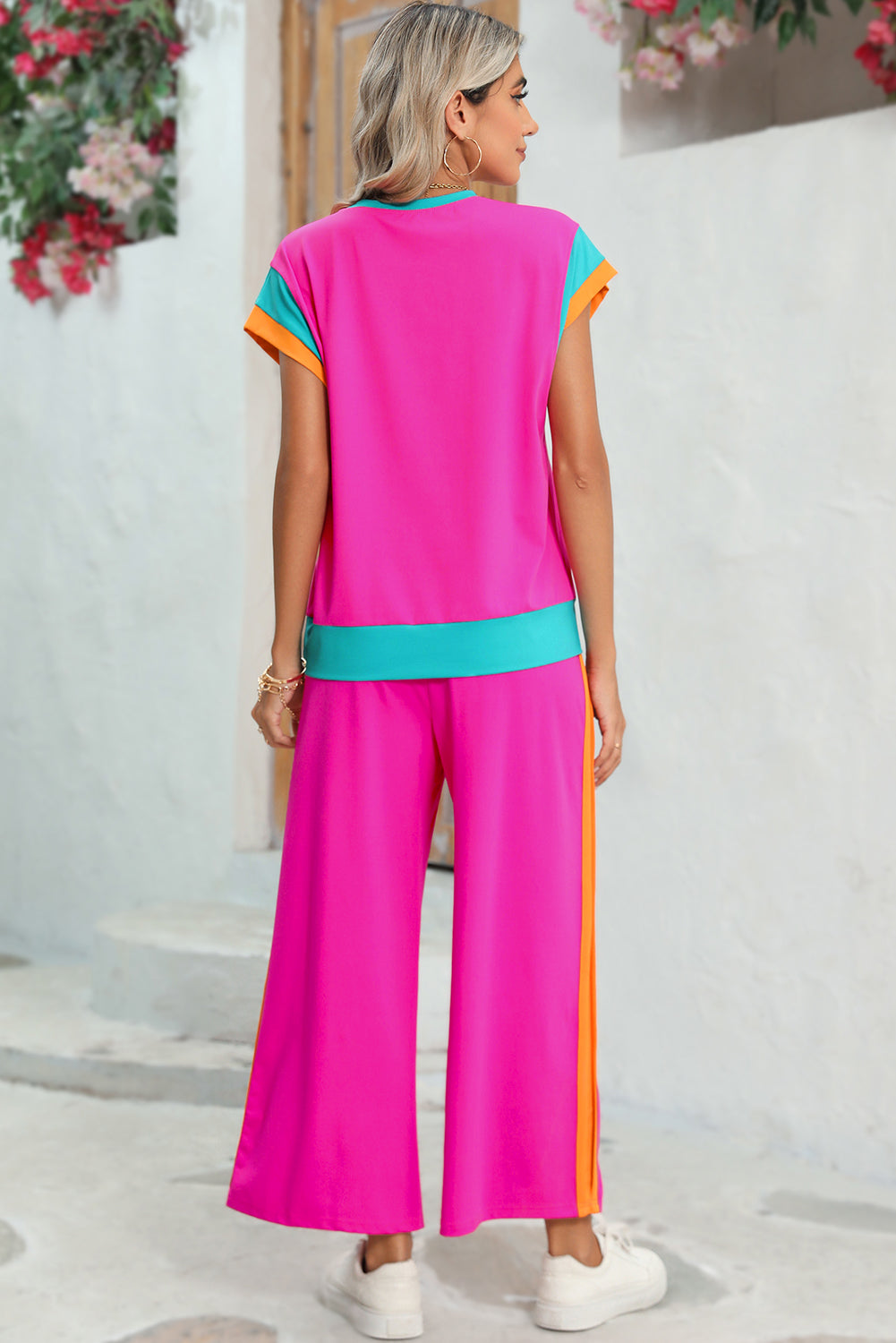 Sky Blue Colorblock Cap Sleeve Tee & Wide Leg Pants Set