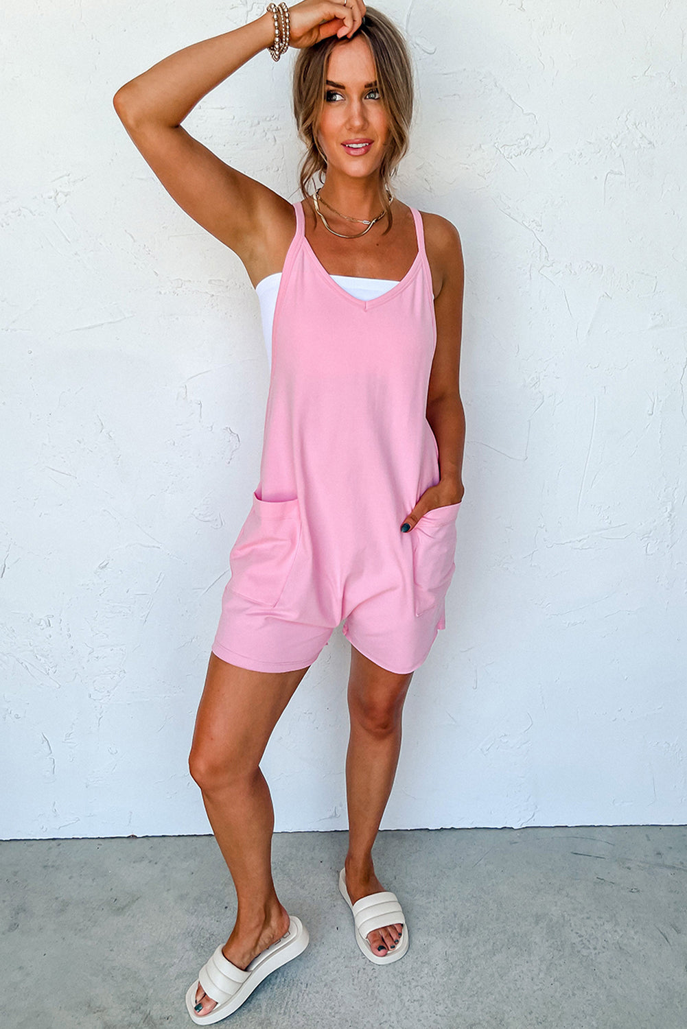 Spaghetti Straps V Neck Pocketed Romper