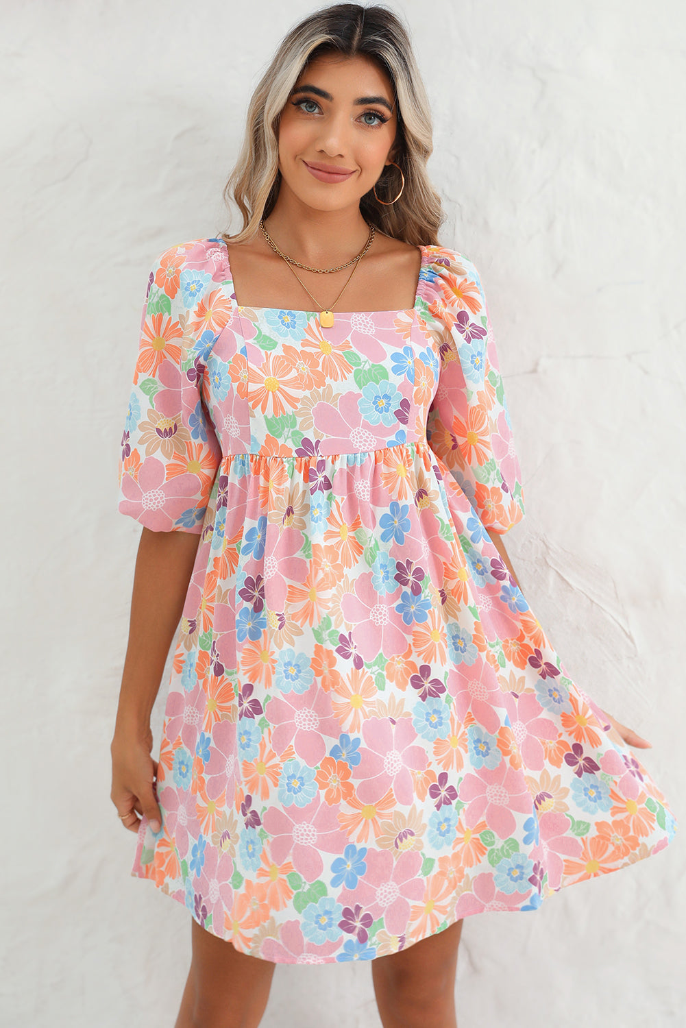 Rose Summer Floral Square Neck Puff Sleeve Babydoll Dress