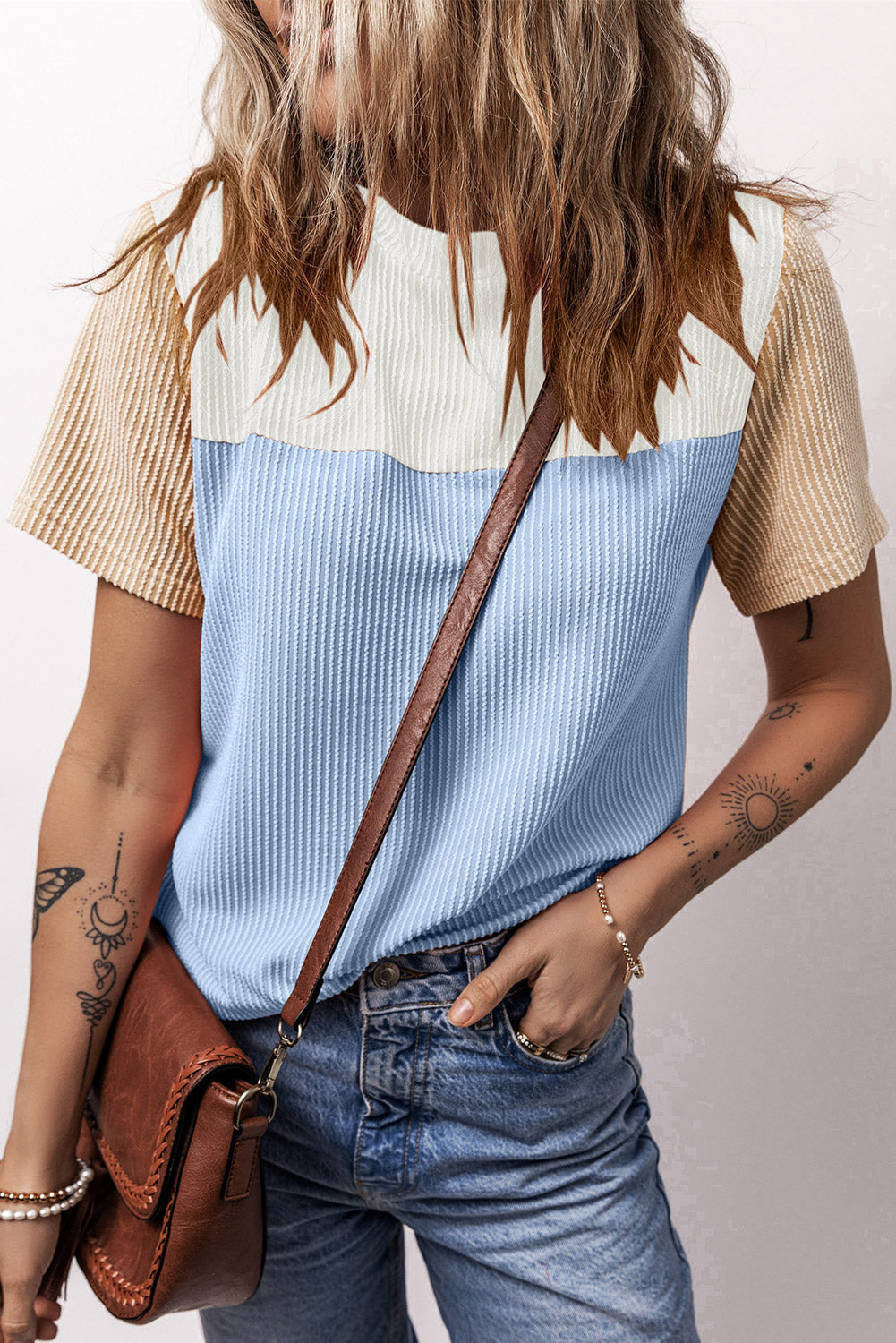 Ribbed Textured Colorblock T Shirt