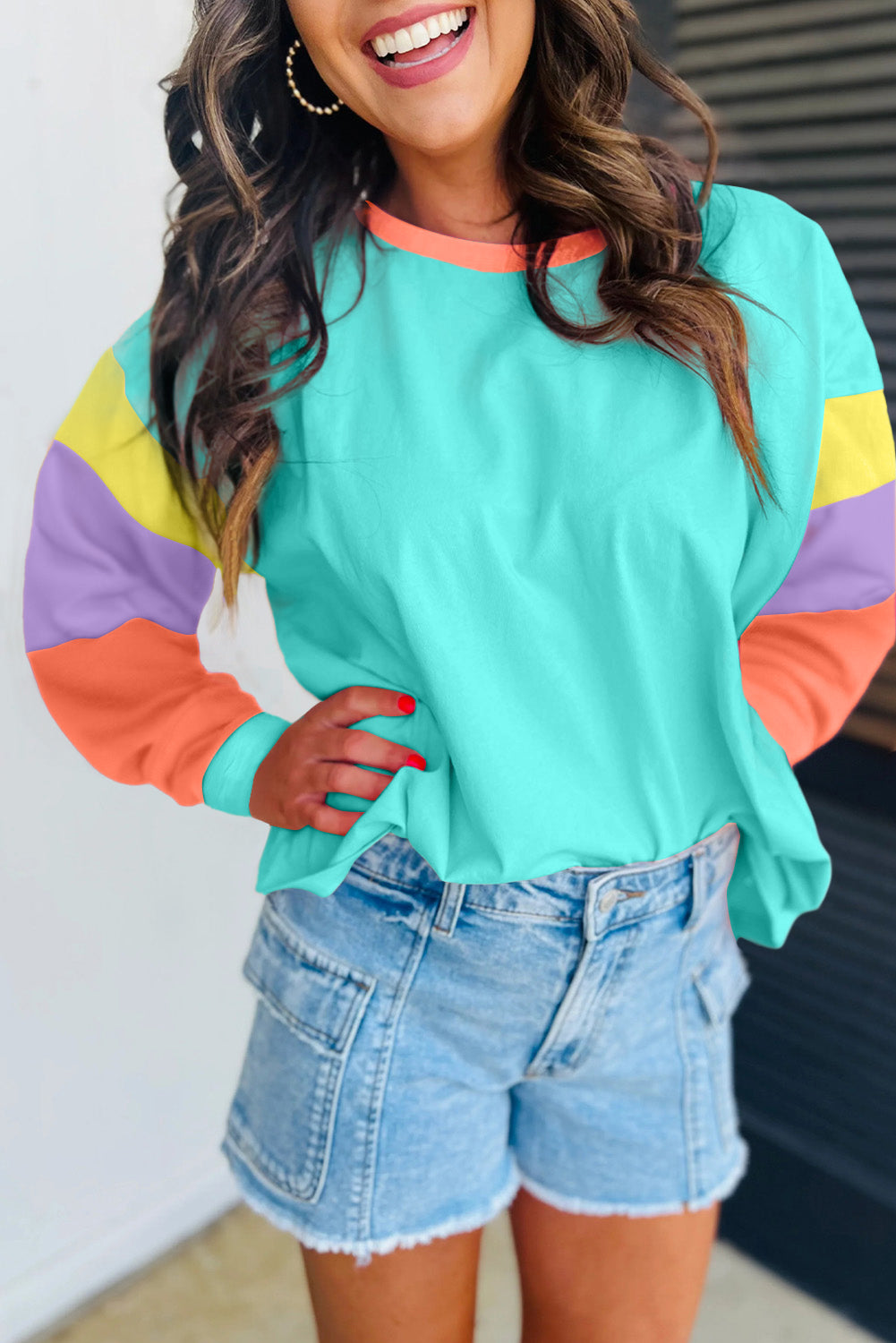 Light Blue Color Block Sleeve Loose Fit Top