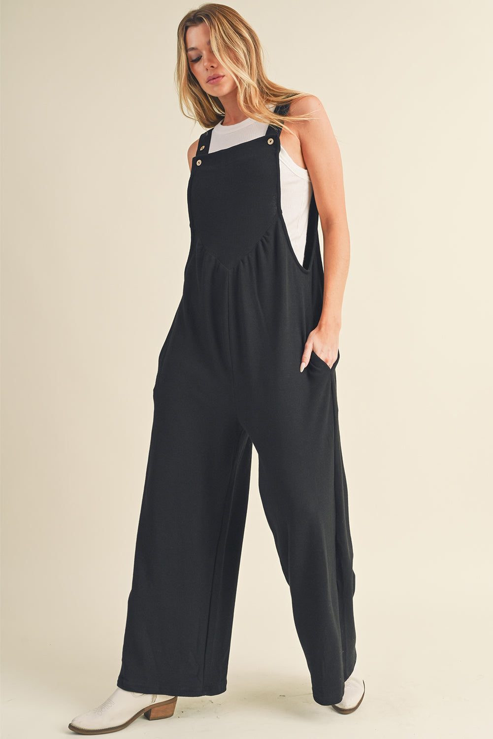 Black Adjustable Straps Ruched Wide Leg Jumpsuit