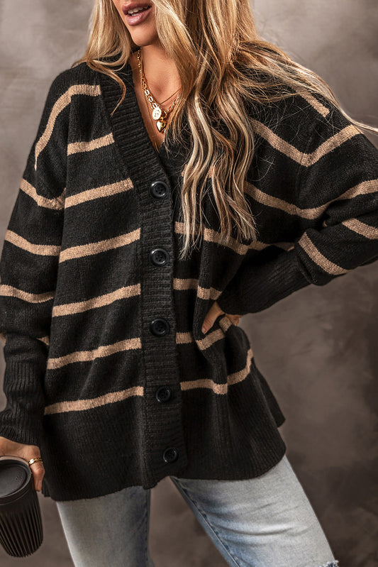 Striped Buttoned V Neck Drop Shoulder Loose Cardigan