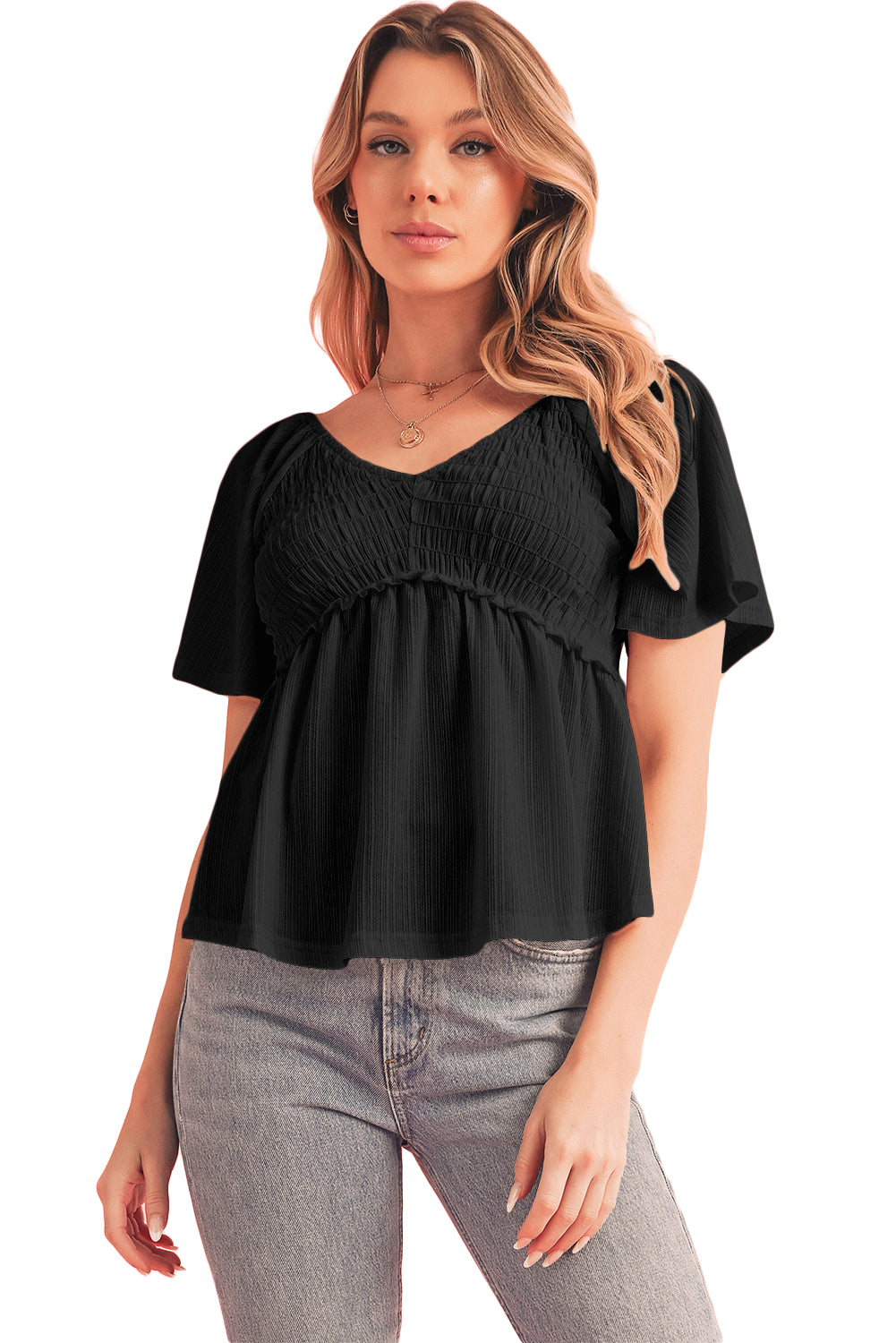 Shirred V Neck Short Flutter Sleeve Textured Blouse