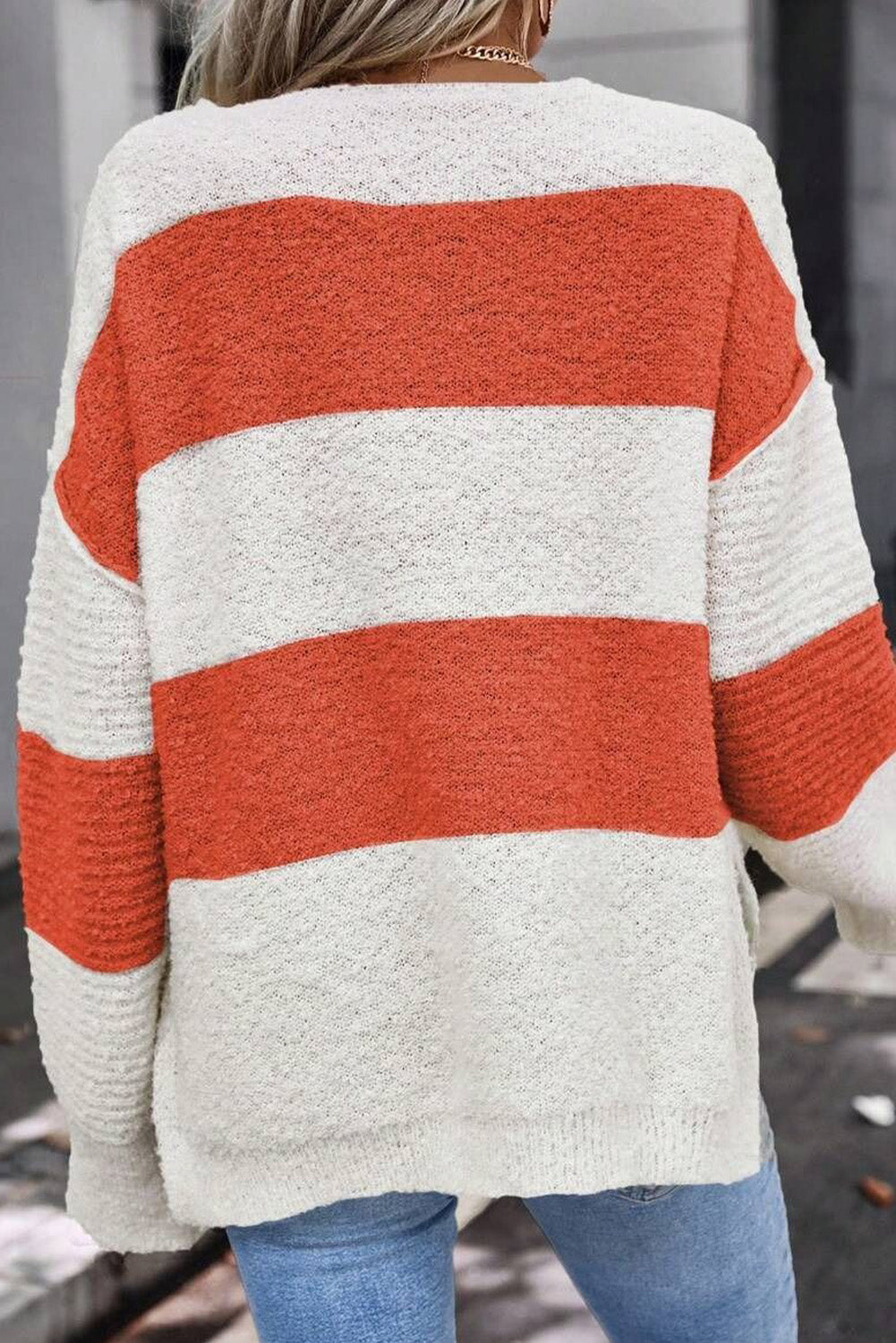 Orange Colorblock V Neck Side Slits Sweater