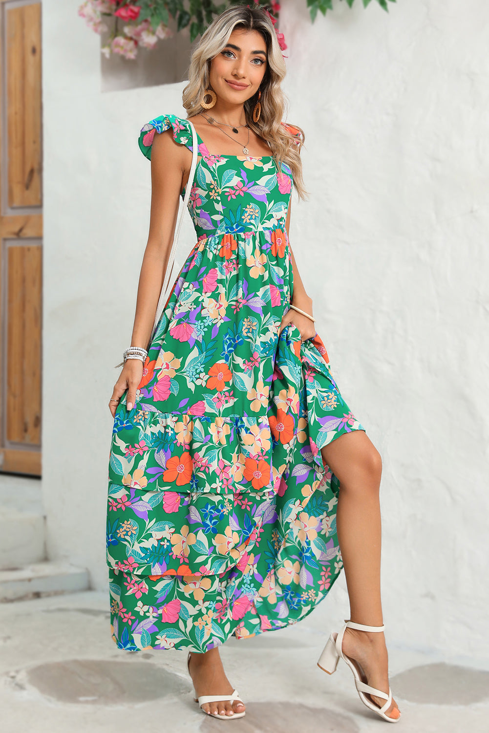 Boho Floral Print Ruffle Sleeveless Tiered Maxi Dress