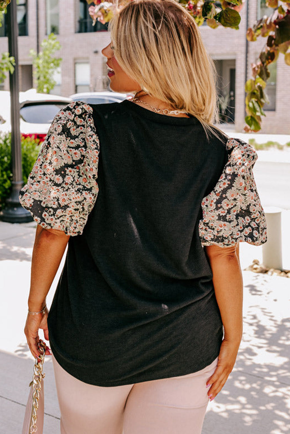 Black Daisy Printed Short Bubble Sleeve Tunic Top