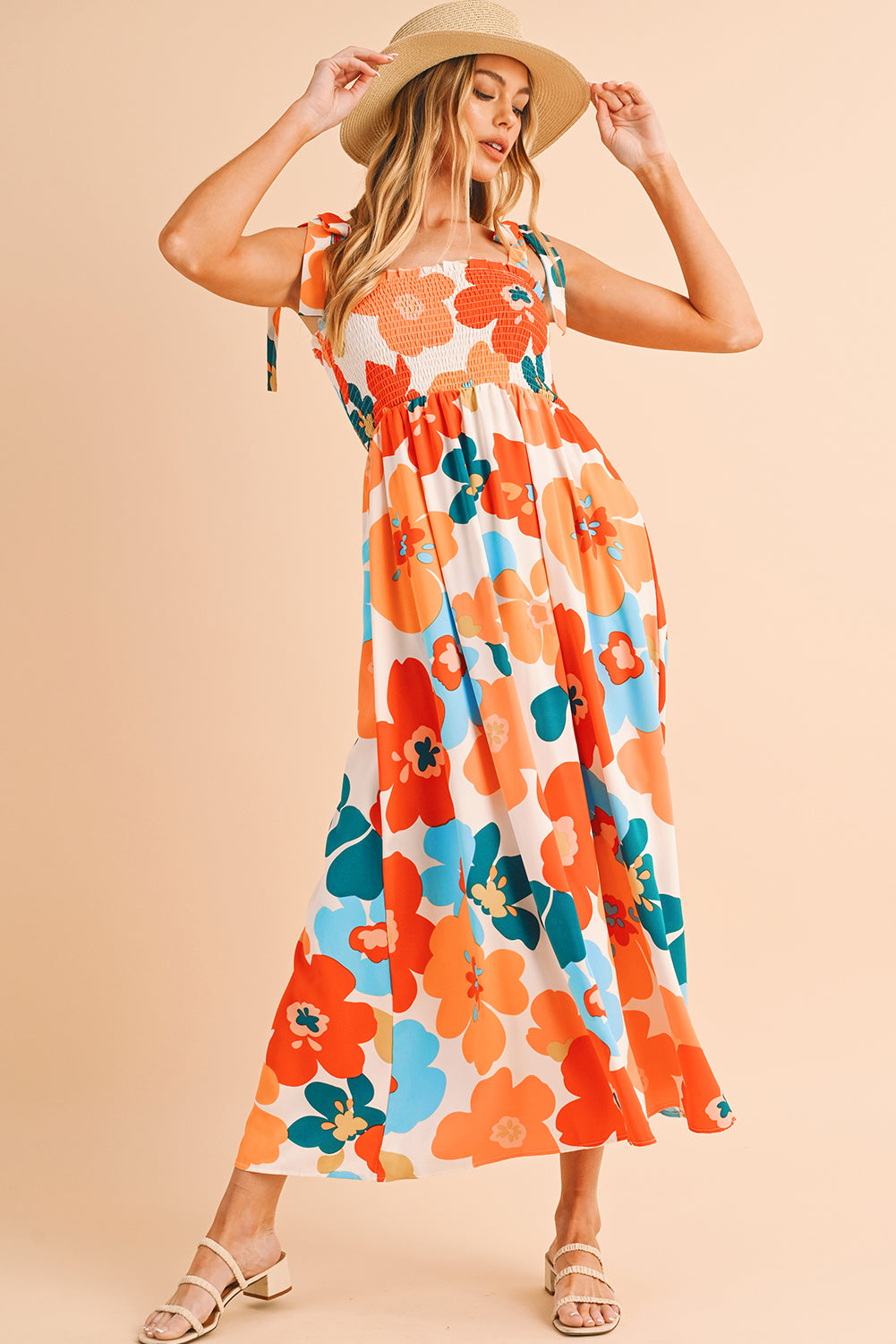 Orange 60s Floral Printed Shoulder Tie Smocked Maxi Dress