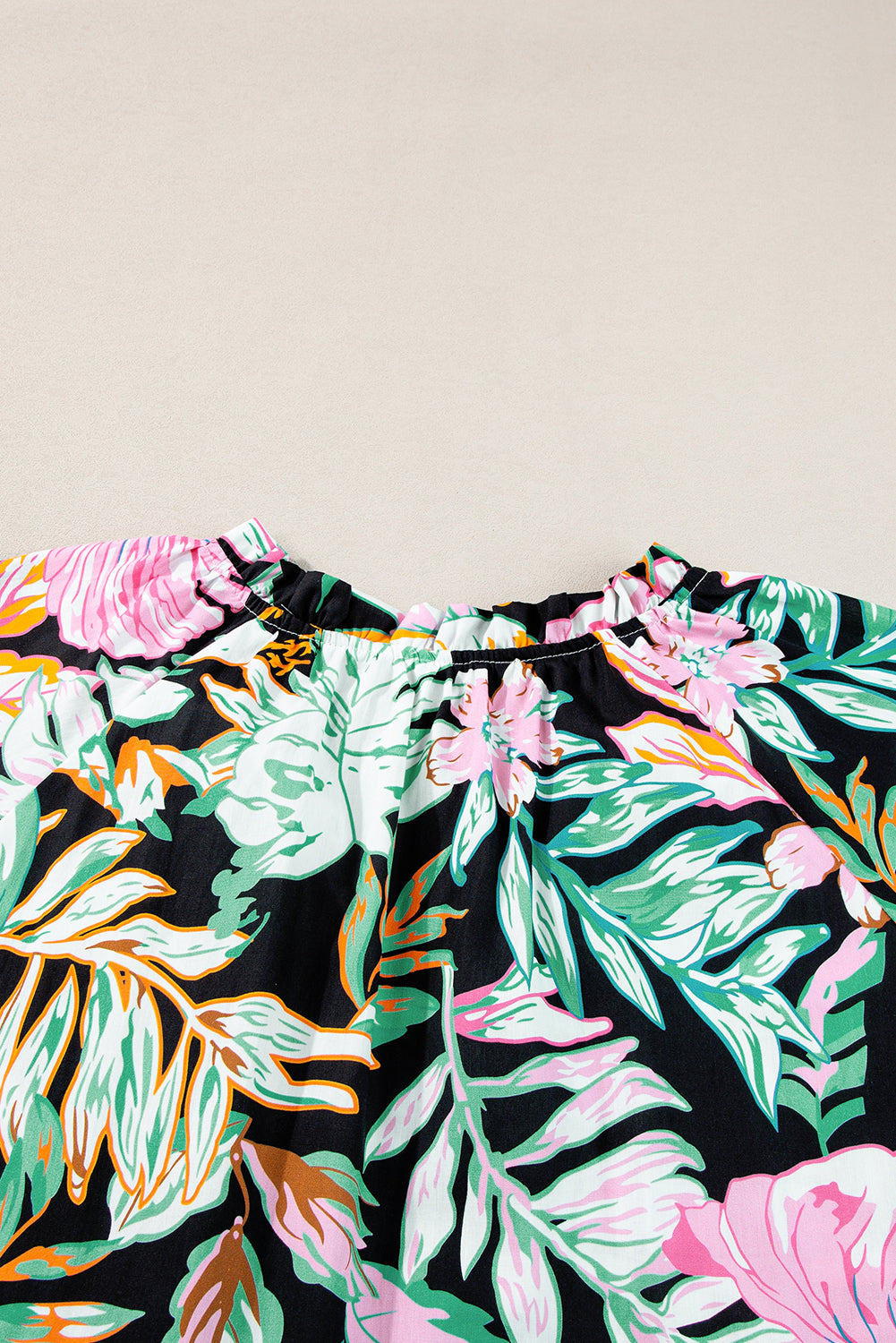 Black Plus Tropical Print Ruffled Sleeve Flowy Blouse