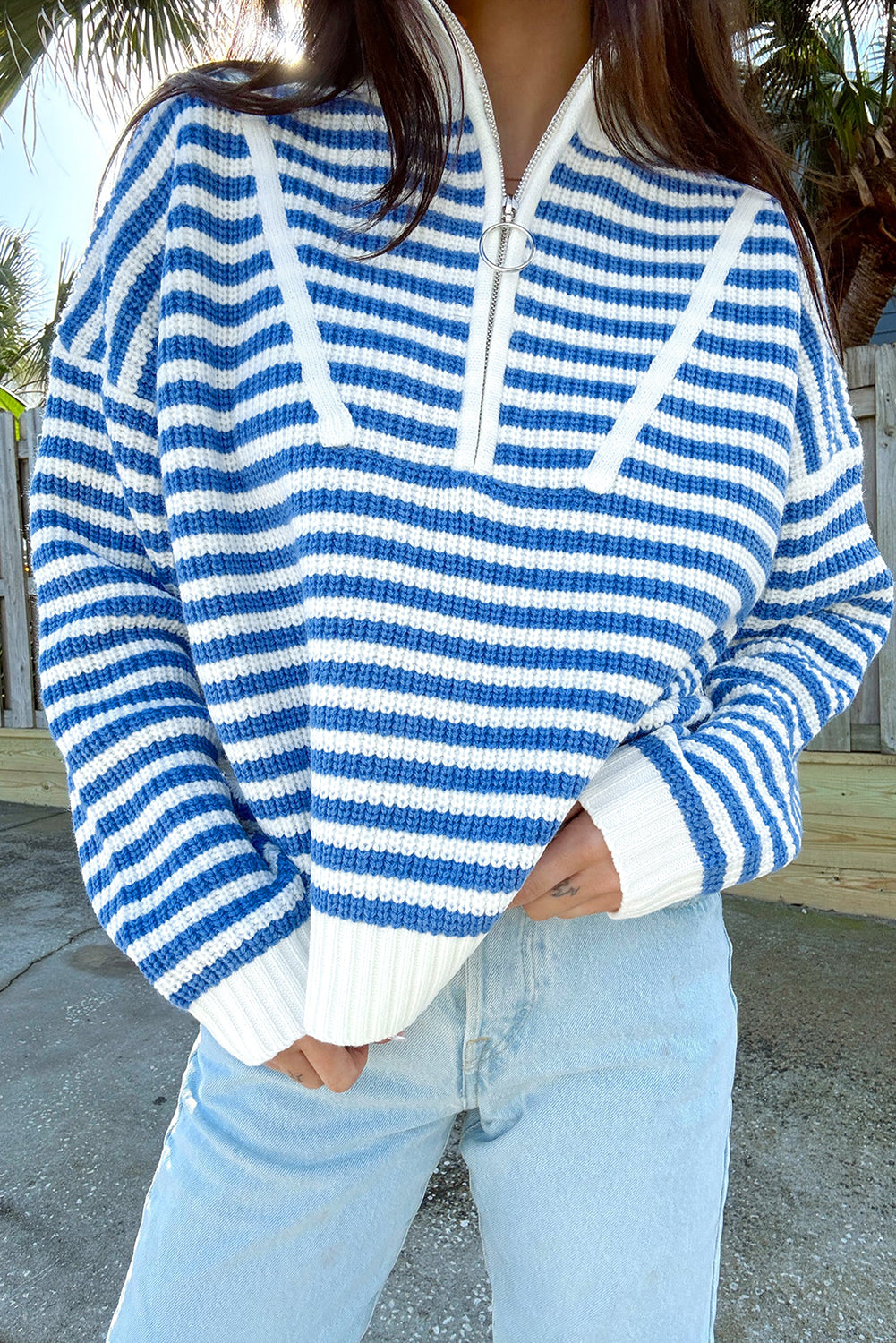 Sky Blue Stripe Zip up Collar Drop Sleeve Sweater