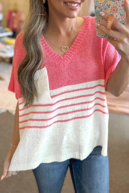 Strawberry Pink Striped Colorblock V Neck Knitted T Shirt