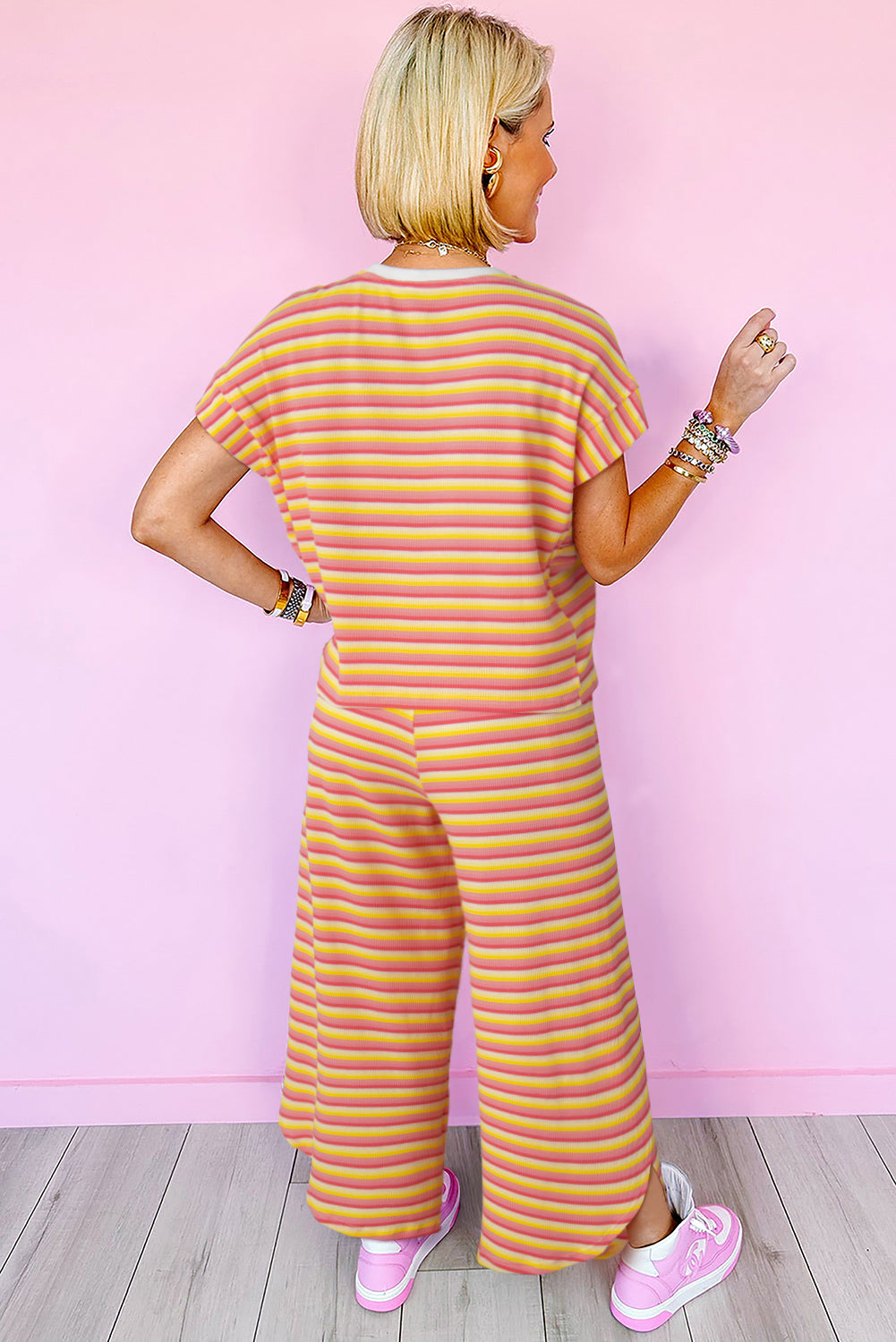 Pink Stripe Rainbow Tee and Tassel Drawstring Wide Leg Pants Set